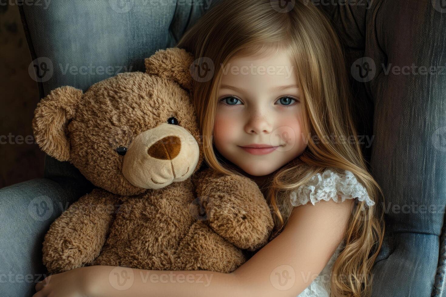 A little girl lovingly embraces her plush teddy bear while sitting in a soft armchair, surrounded by a gentle, relaxing light photo
