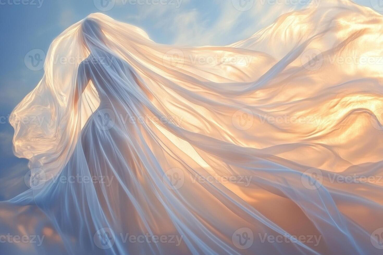 A soft flowing veil billows gently in a warm breeze as delicate light streams through, creating a serene atmosphere at twilight photo