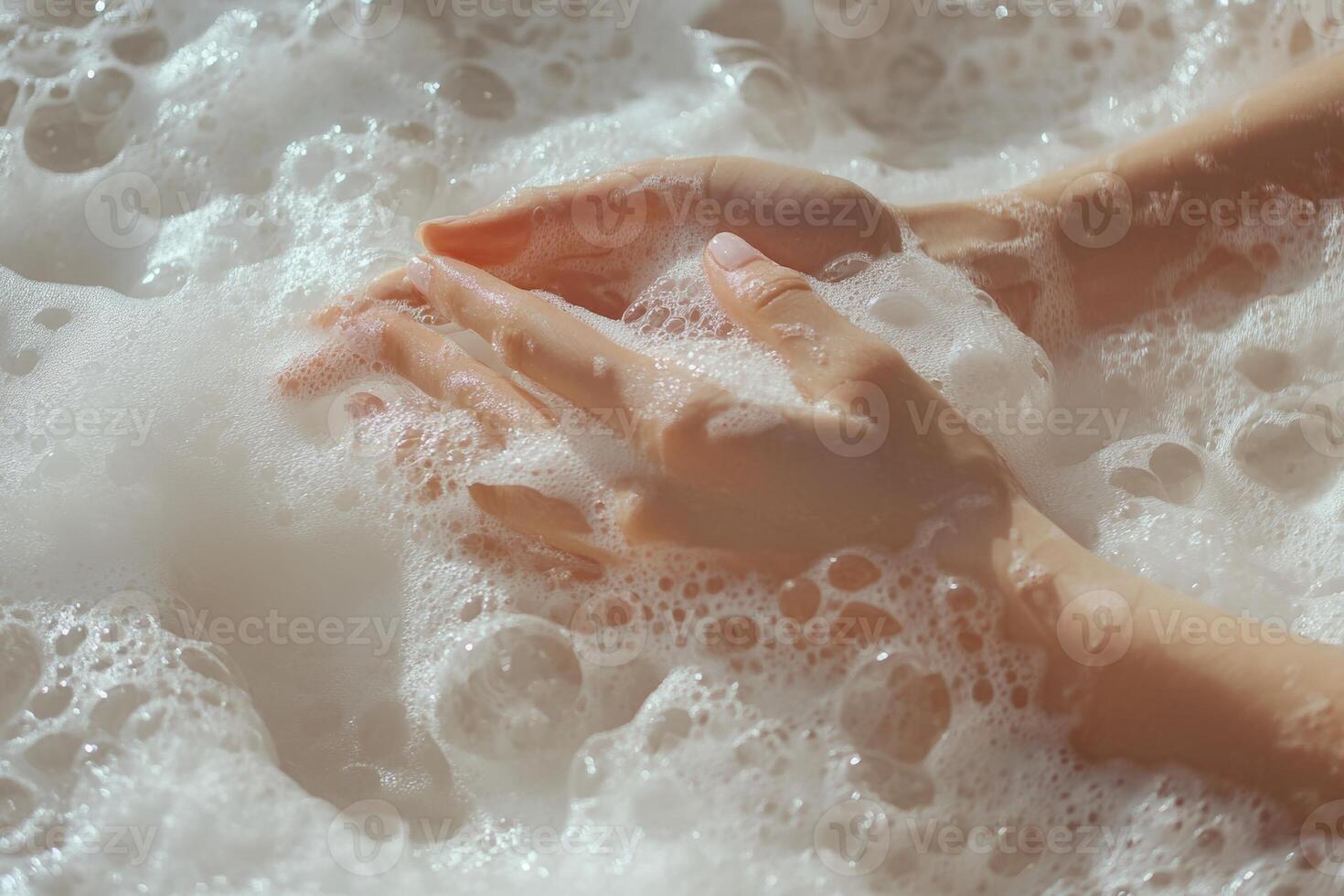 A tranquil moment with women's hands gently submerged in fluffy white foam, illuminated by soft ambient light during a serene setting photo