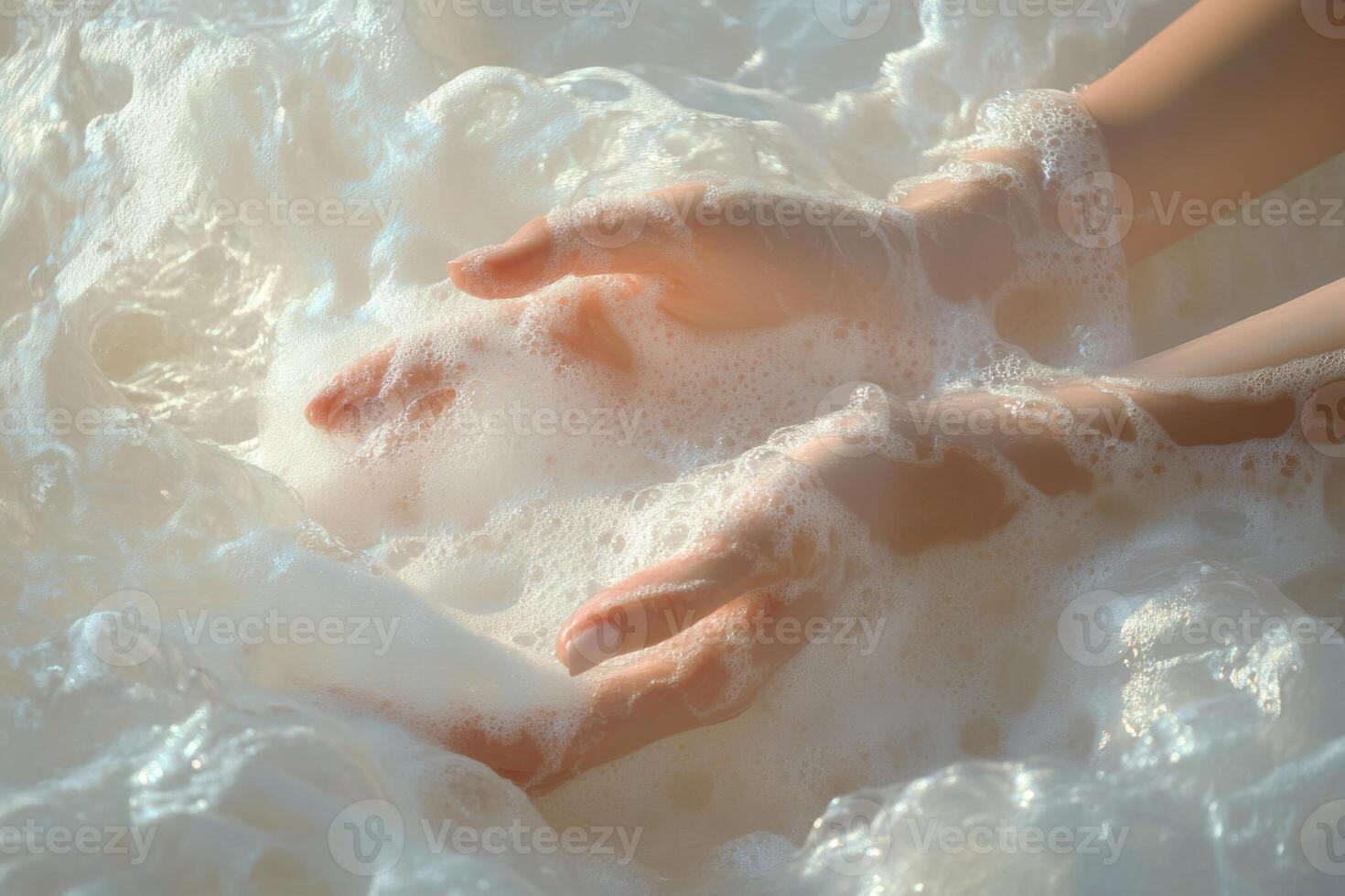 Gentle hands submerged in soft, fluffy foam with soothing ambient light creating a serene atmosphere for relaxation photo
