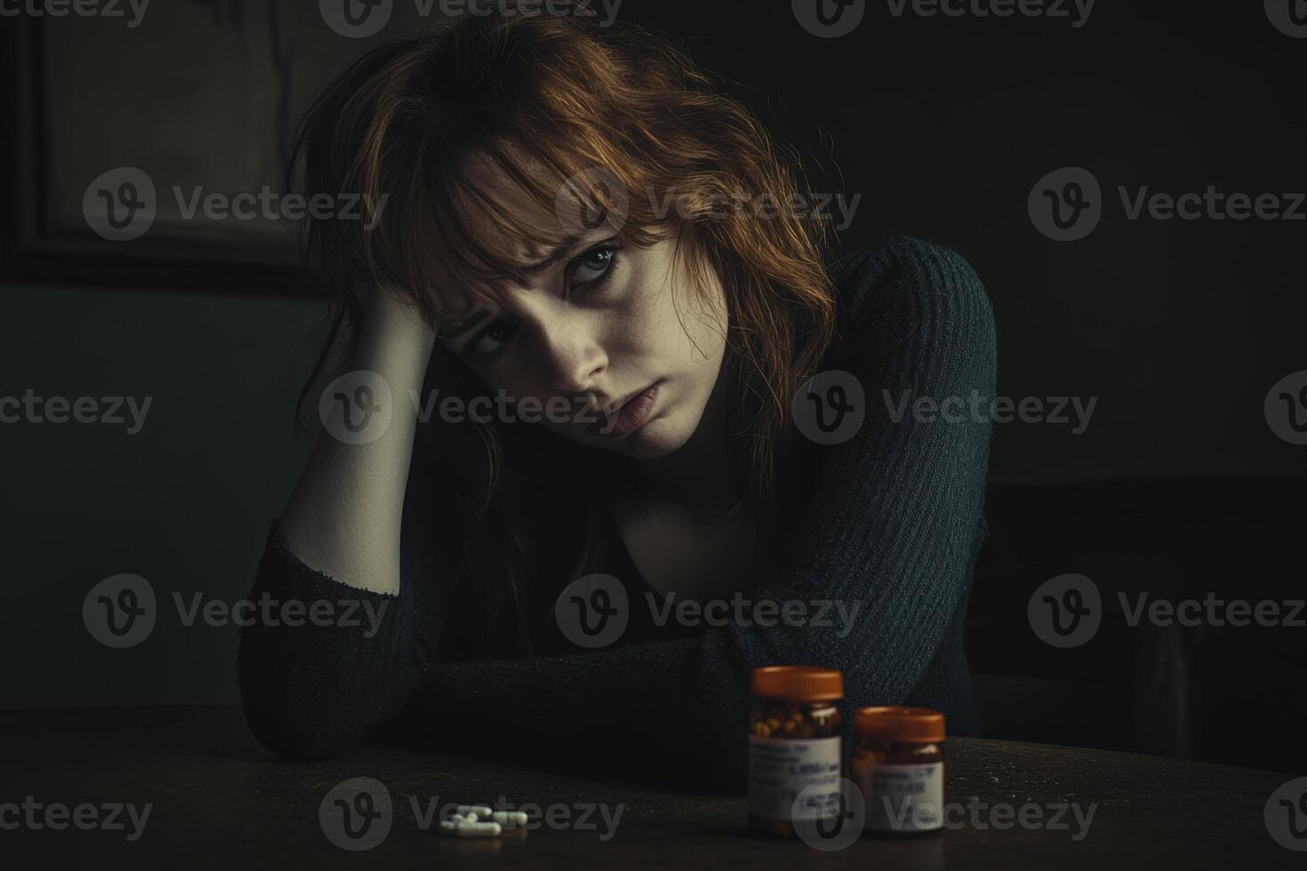 A woman rests her head in despair beside an empty pill bottle and scattered pills in a dimly lit room photo