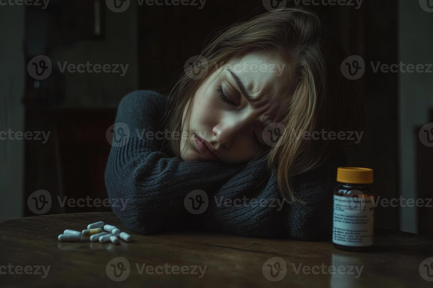A woman rests her head on her arm, reflecting distress beside an empty pill bottle in a dimly lit room photo