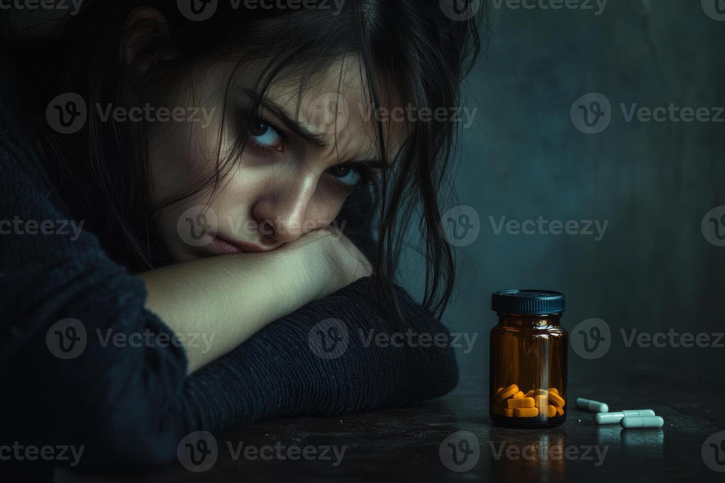 A distressed woman rests her head on her arm beside an empty pill bottle and scattered pills in a dimly lit room photo