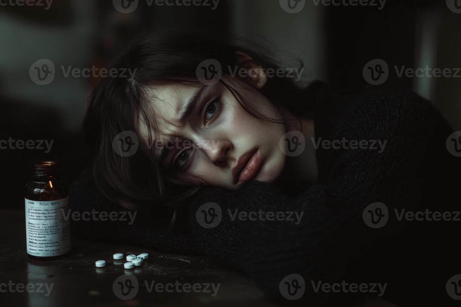 A woman rests her head on her arm, looking distressed with an empty pill bottle and scattered pills in a dimly lit room photo