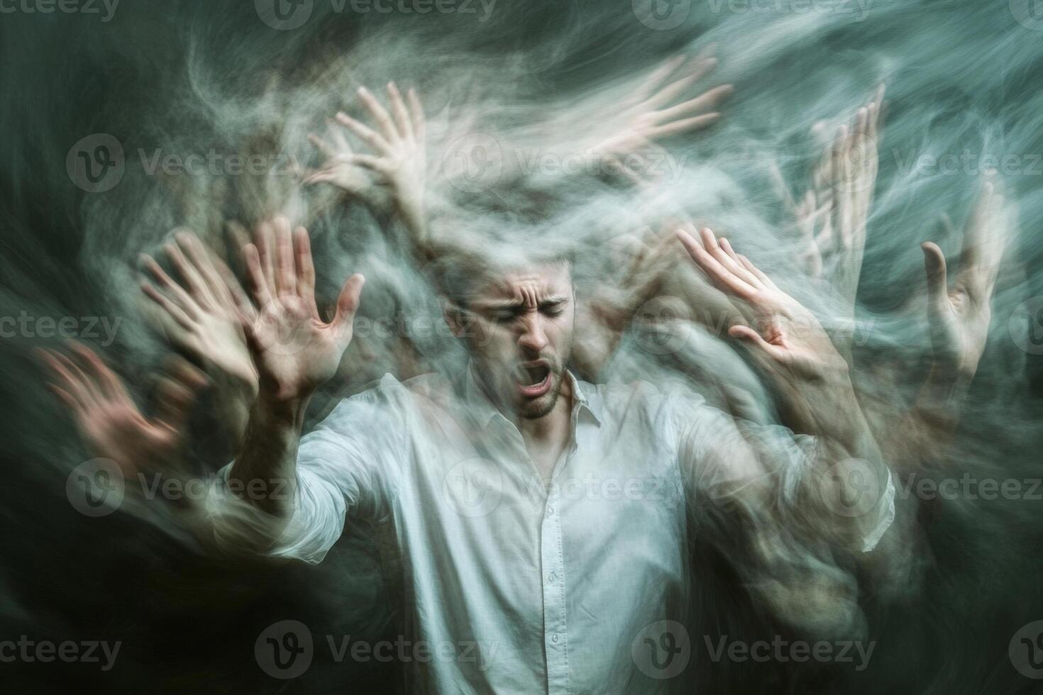 High-energy abstract representation of a stressed man as multiple hands reach out in a chaotic blur, conveying frustration and anxiety photo
