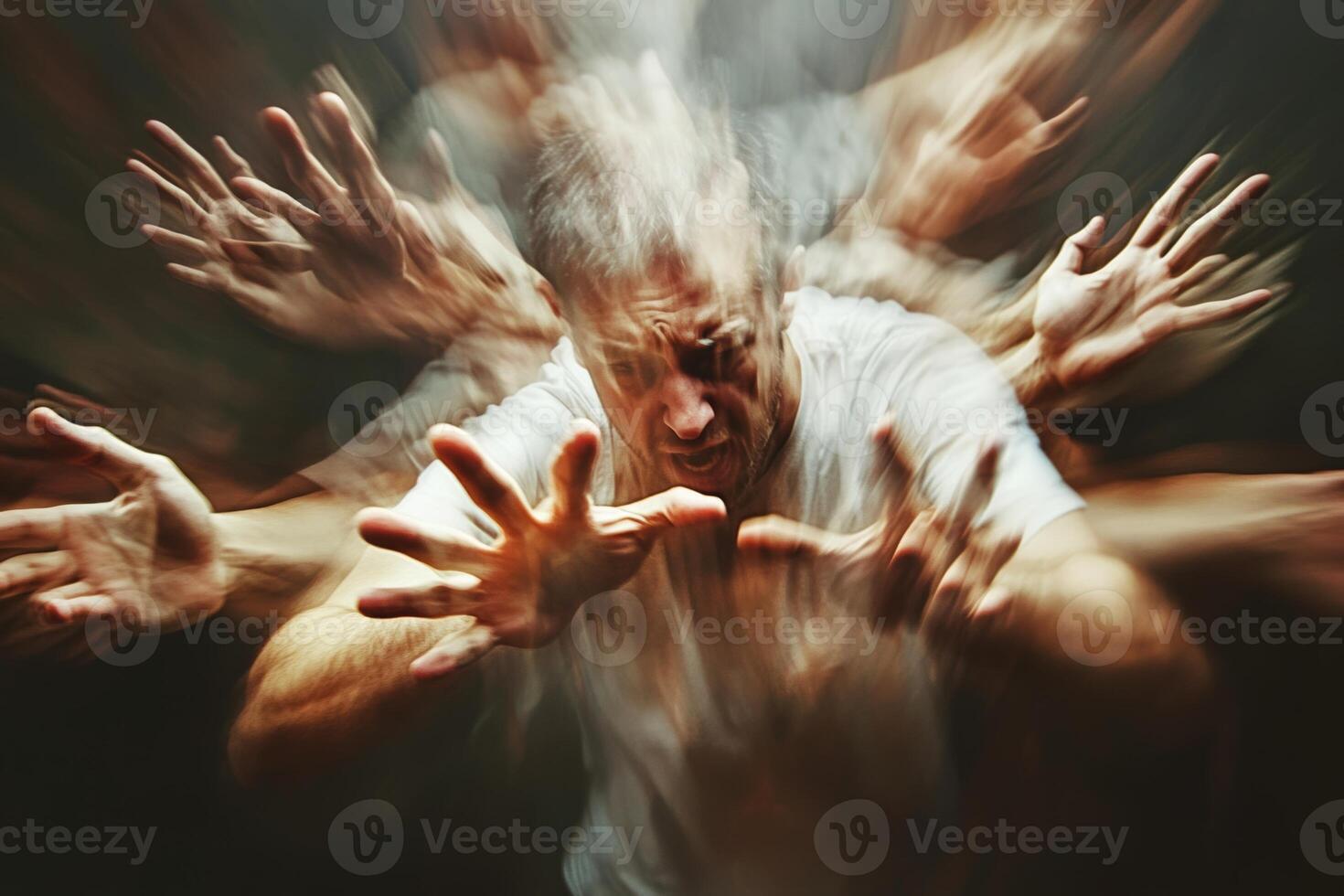 An abstract portrayal of a man under stress as multiple hands reach toward him in a dynamic, blurred motion depiction photo