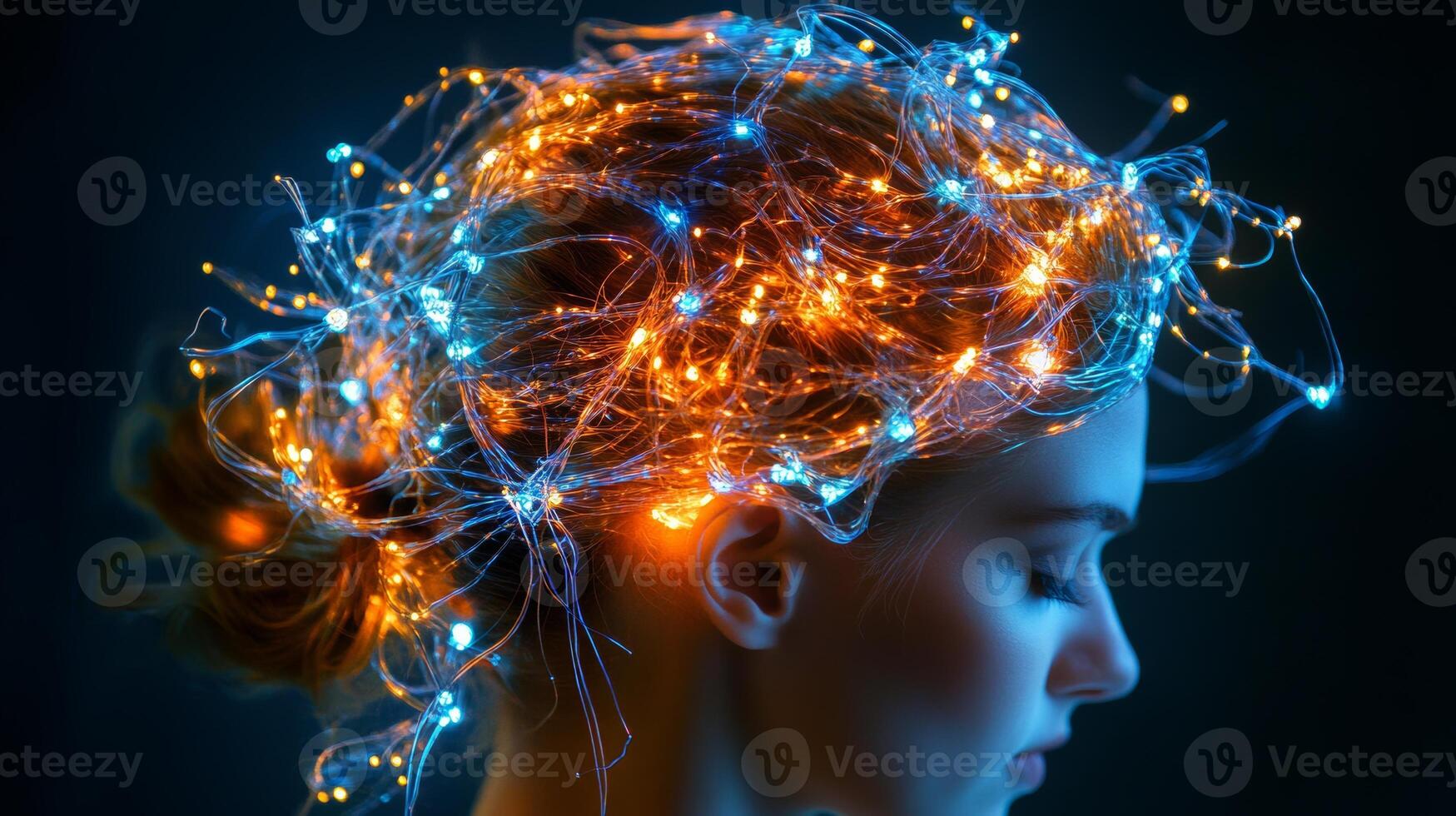Abstract representation of a human brain with glowing neurons in blue and orange hues, showcasing a high-tech medical theme photo