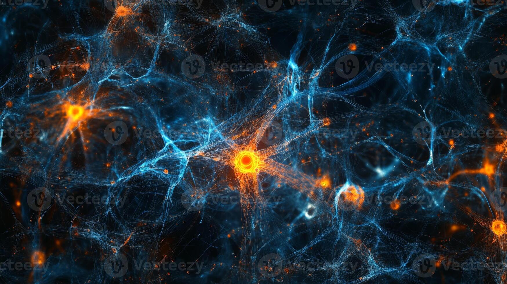 An abstract representation of a human brain showcasing interconnected neurons with vibrant blue and orange lights illuminating the neural pathways photo