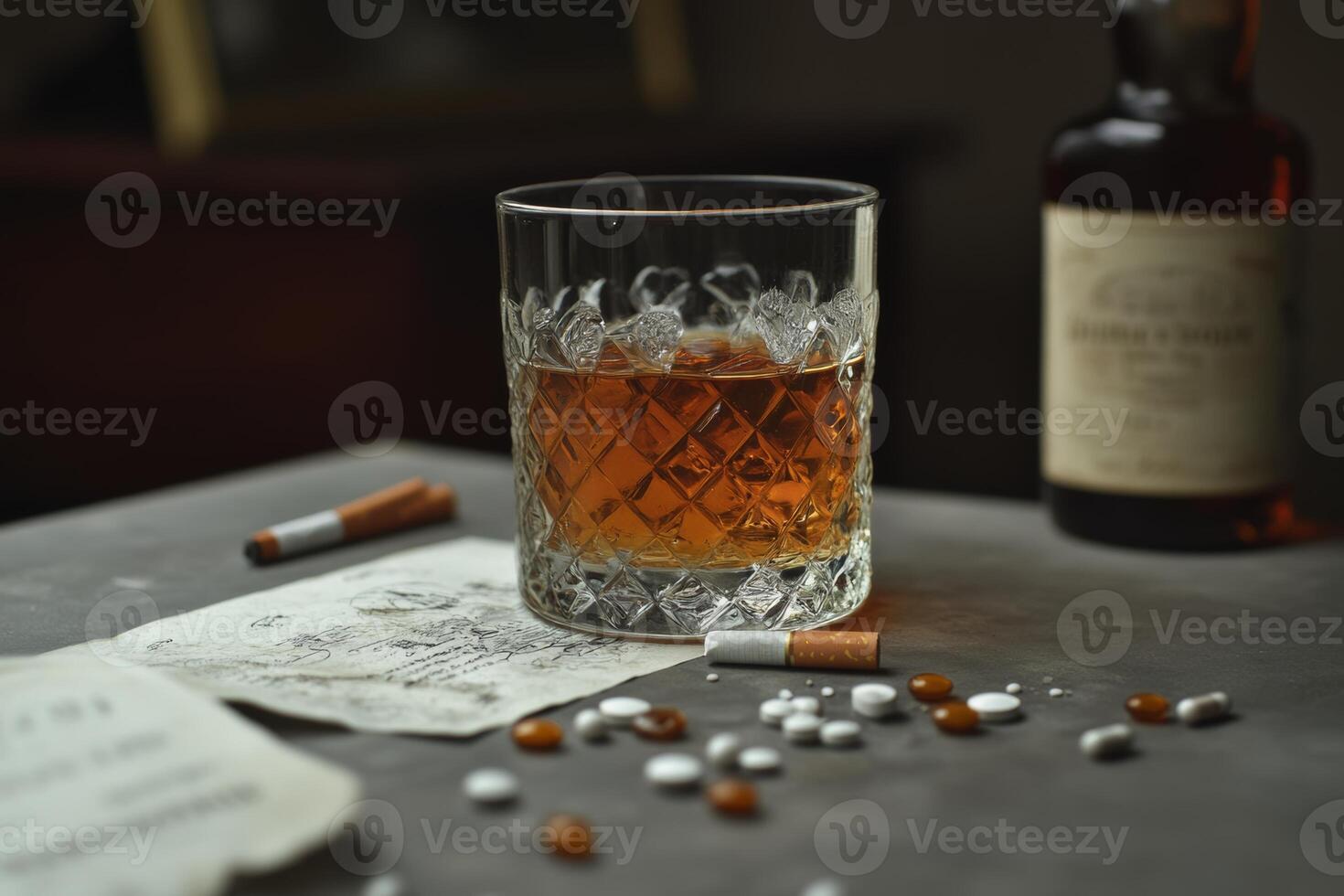 A glass of whiskey with scattered pills and cigarettes on a gray tabletop, creating a gritty, moody atmosphere in low light photo