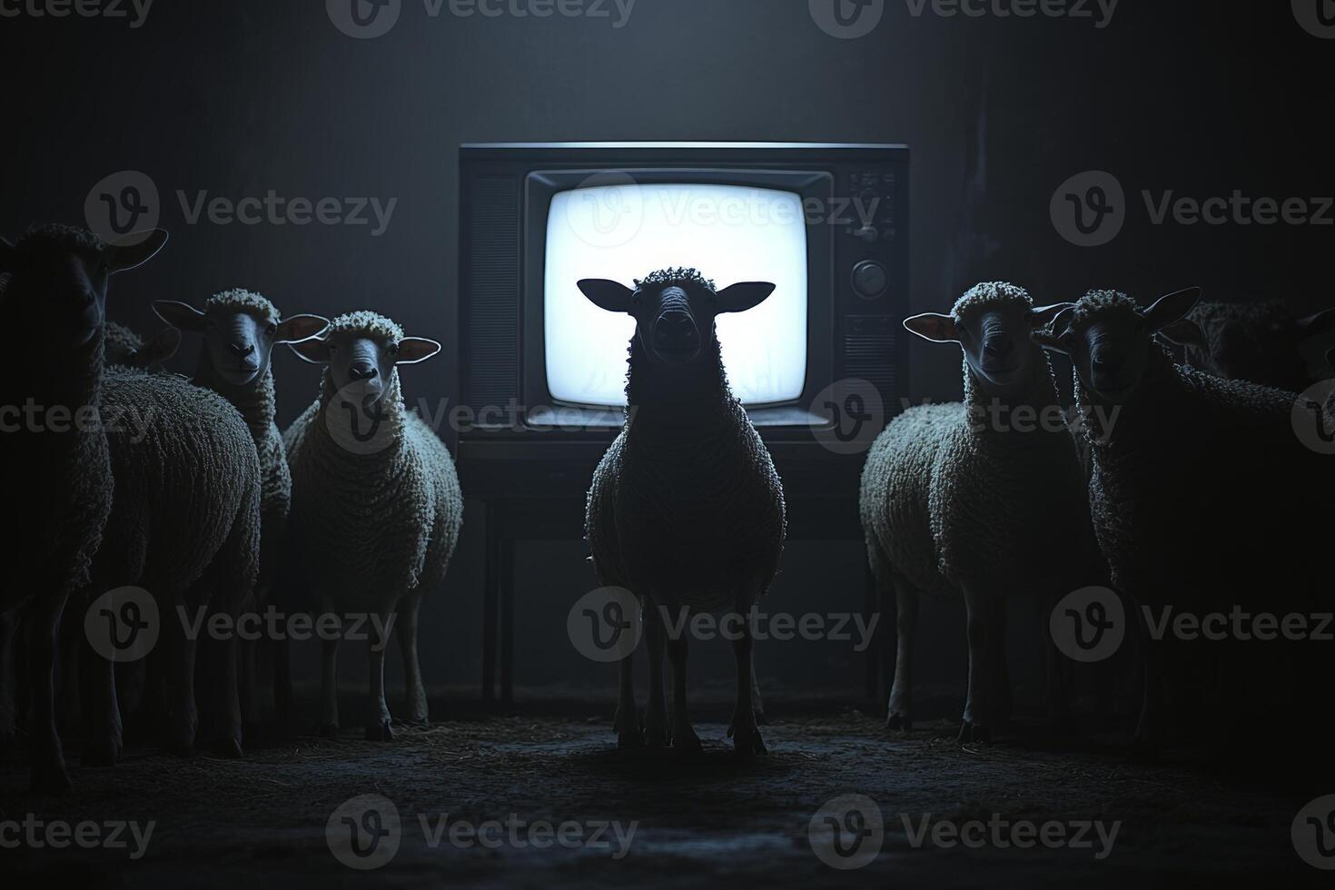 Sheep gather around an old television in a dark space, illustrating conformity and the impact of media on society's behavior photo
