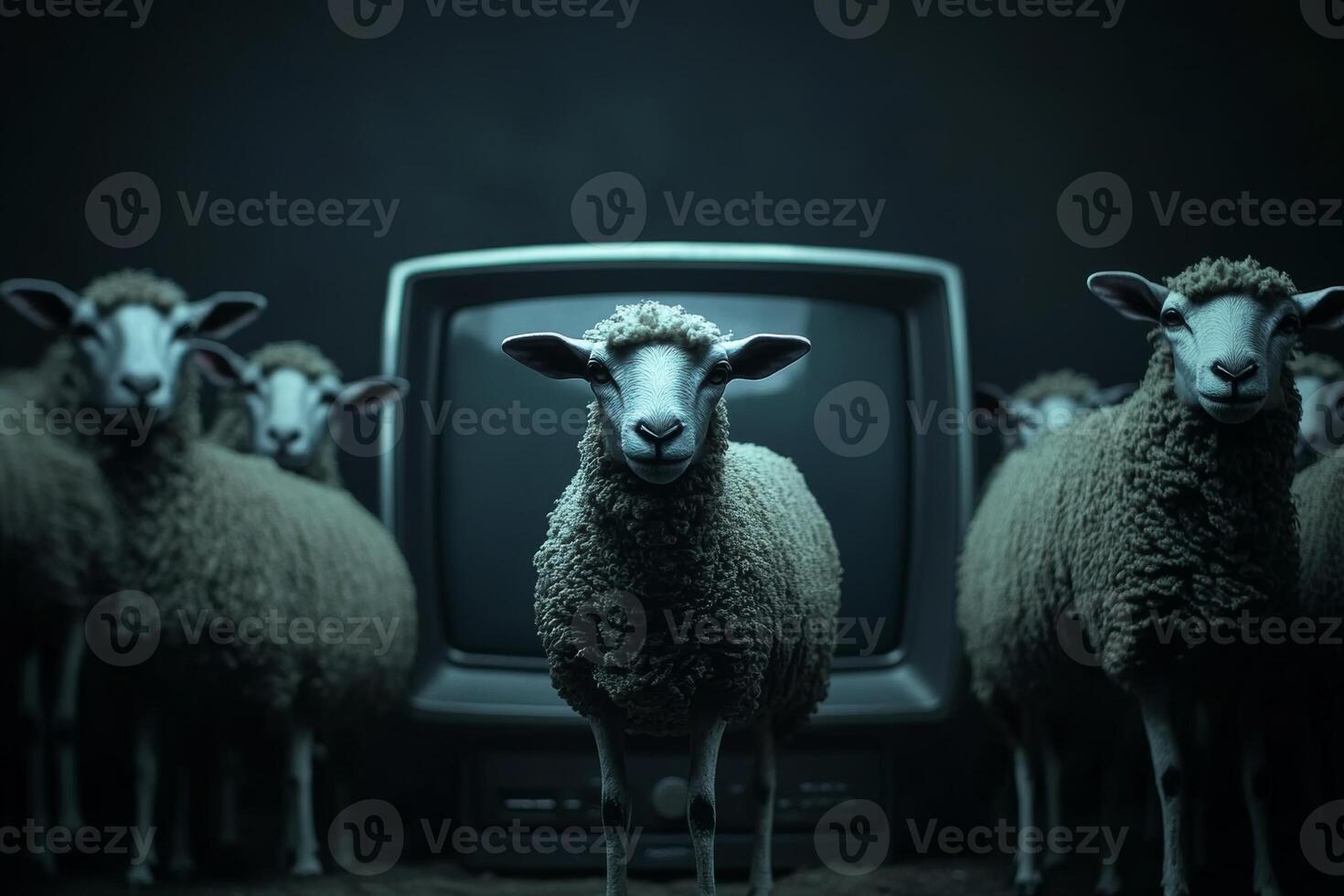 A group of sheep gathered in dim light, staring at an old television, showcasing themes of conformity in society and media influence photo