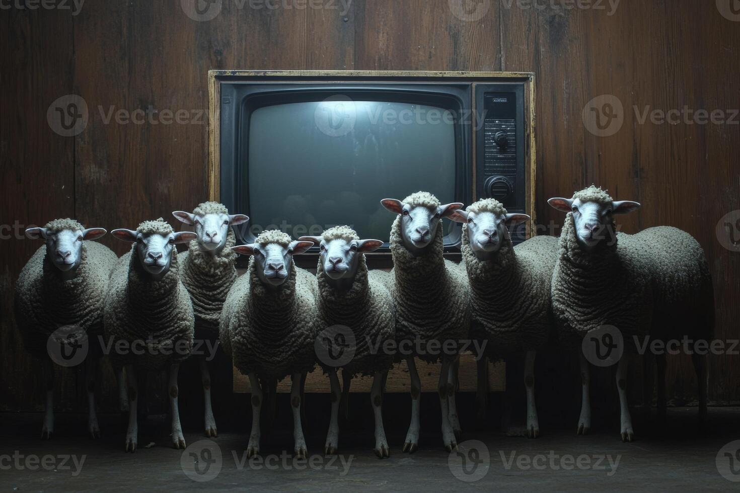 Sheep gathered in front of an old television set, illustrating themes of conformity and societal influence in a darkly satirical context photo