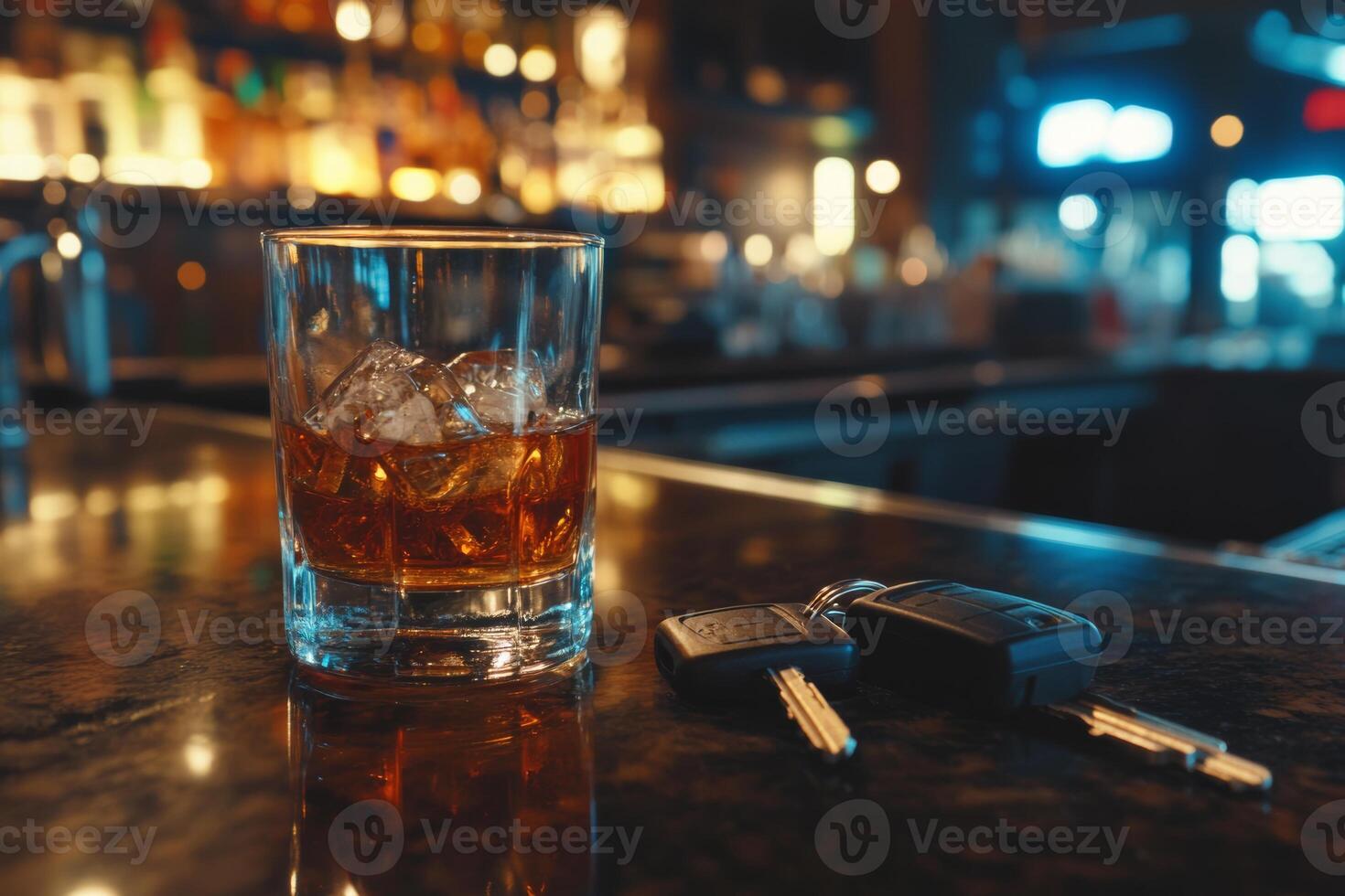 A glass of whiskey on the bar counter next to car keys at a quiet night spot, hinting at an unfinished evening of relaxation photo