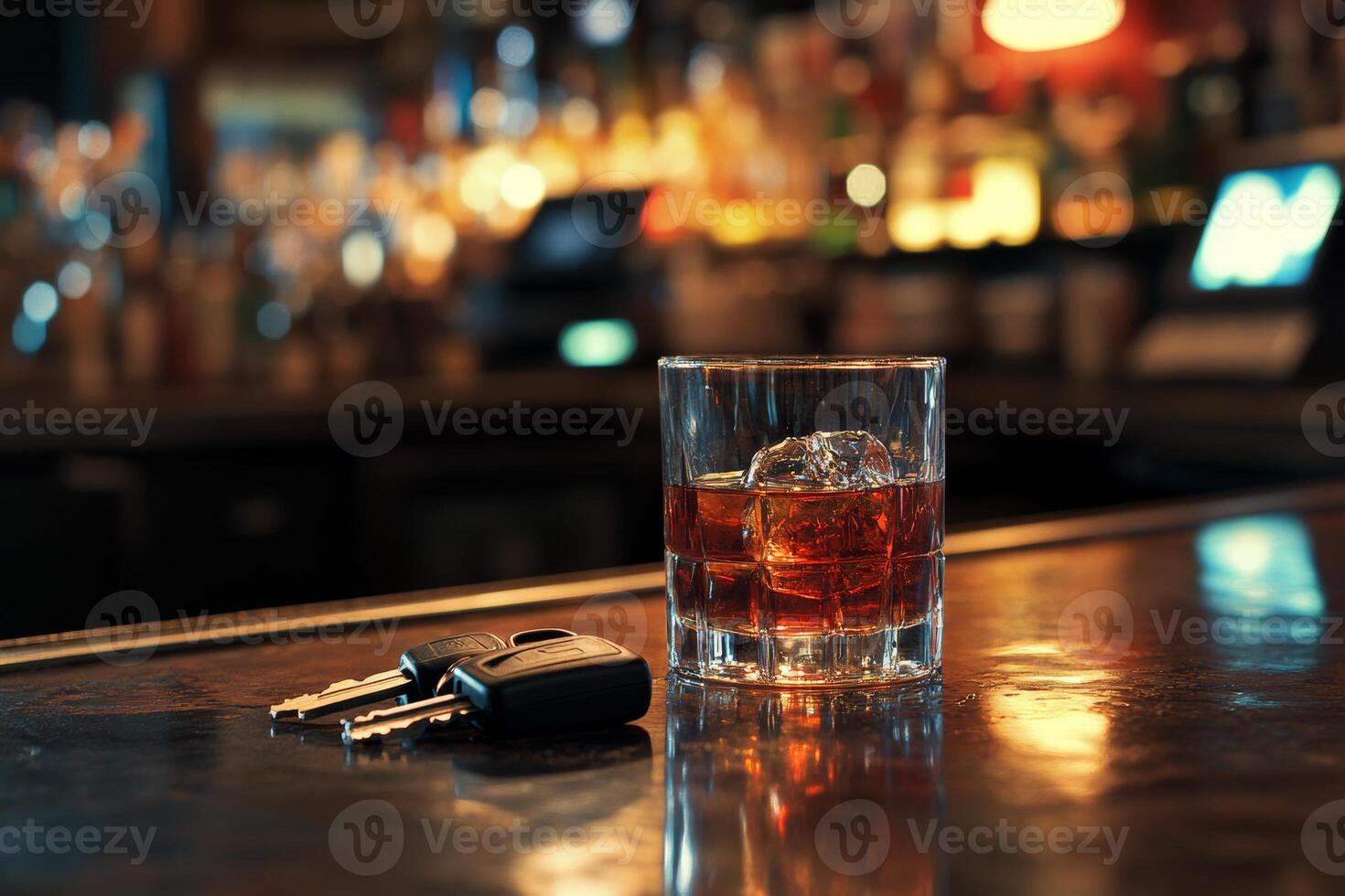 A pristine glass of alcohol rests on a dimly lit bar counter beside a set of car keys after a long evening photo