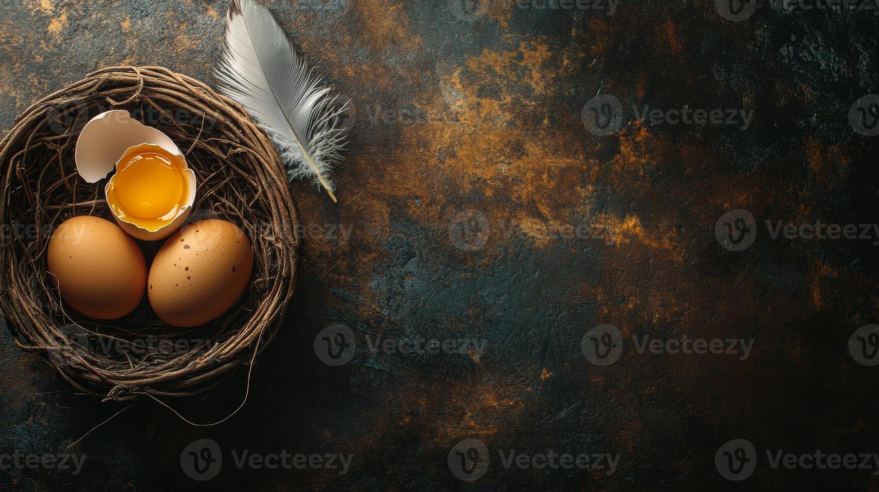 Brown eggs in a rustic basket with a broken egg and feather on a dark wooden table, perfect for crafting or cooking ideas photo