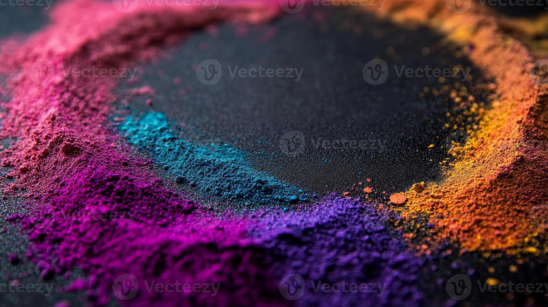 Vibrant close-up of colorful powders arranged in a circle celebrating Holi tradition on a black backdrop photo