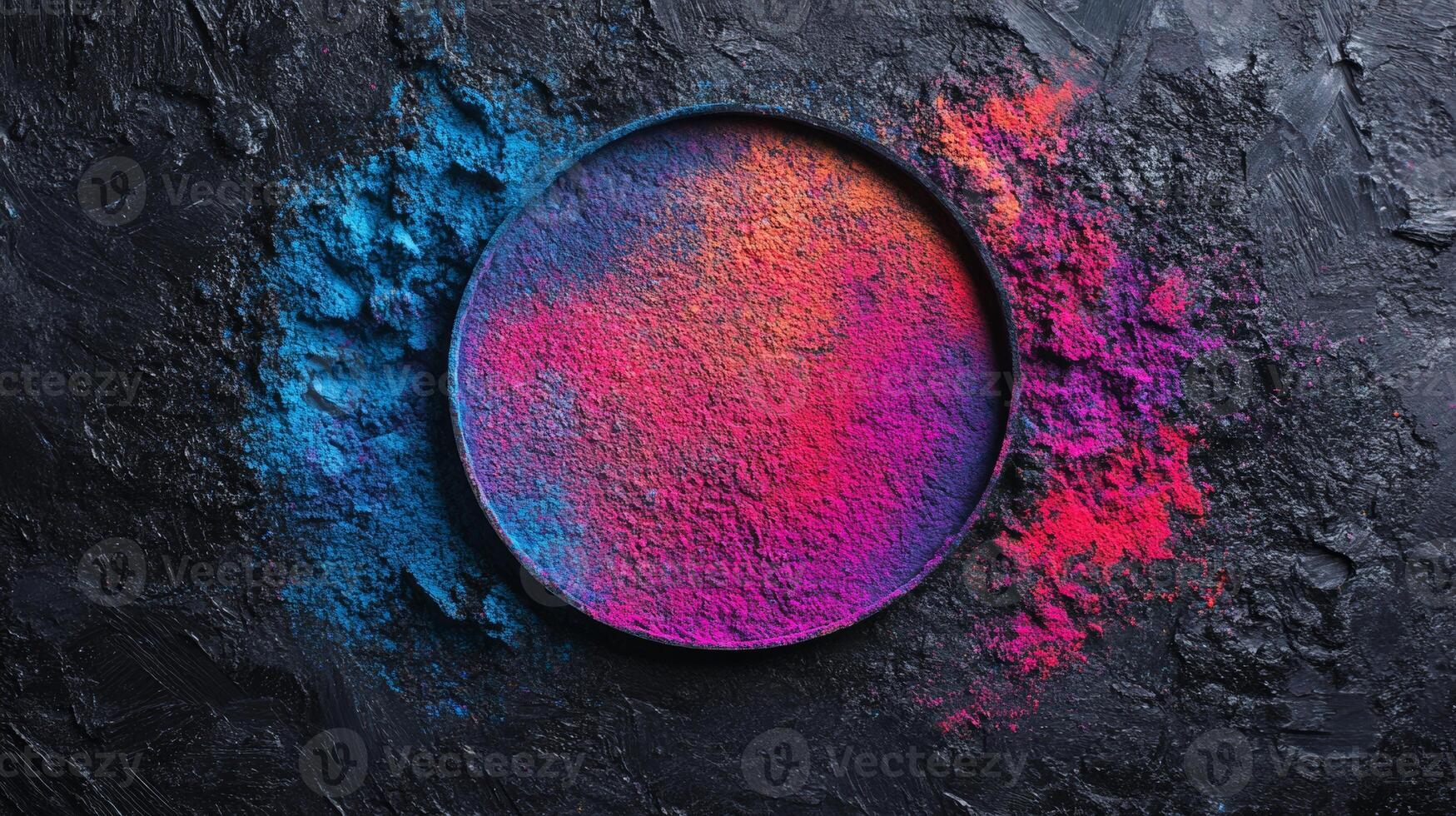 Vibrant Holi festival powders arranged in a circular pattern on a dark background celebrating color and tradition photo