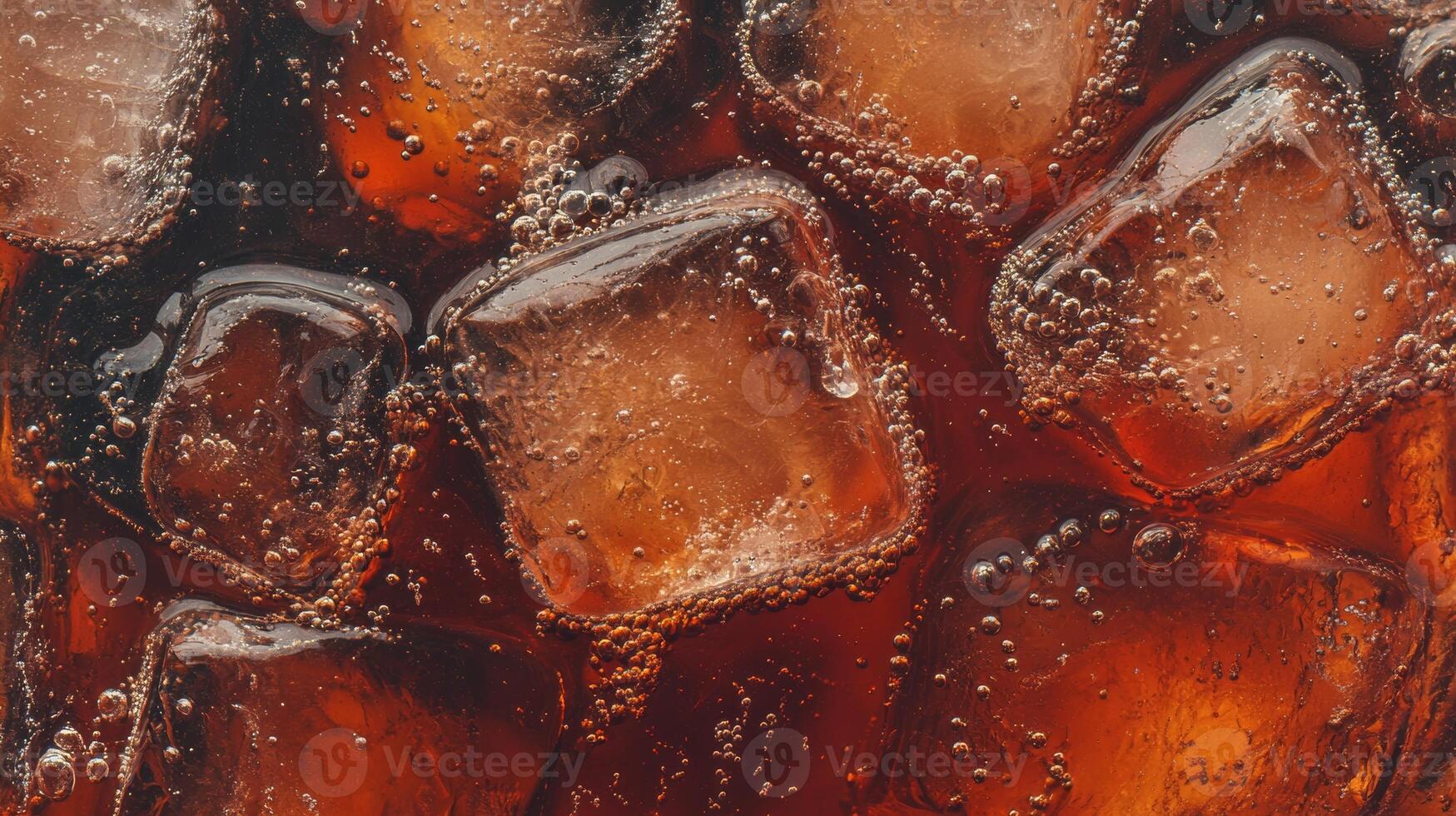 Close-up of fizzy cola with ice cubes, showcasing bubbles and refreshing texture in a glass, perfect for hot days photo