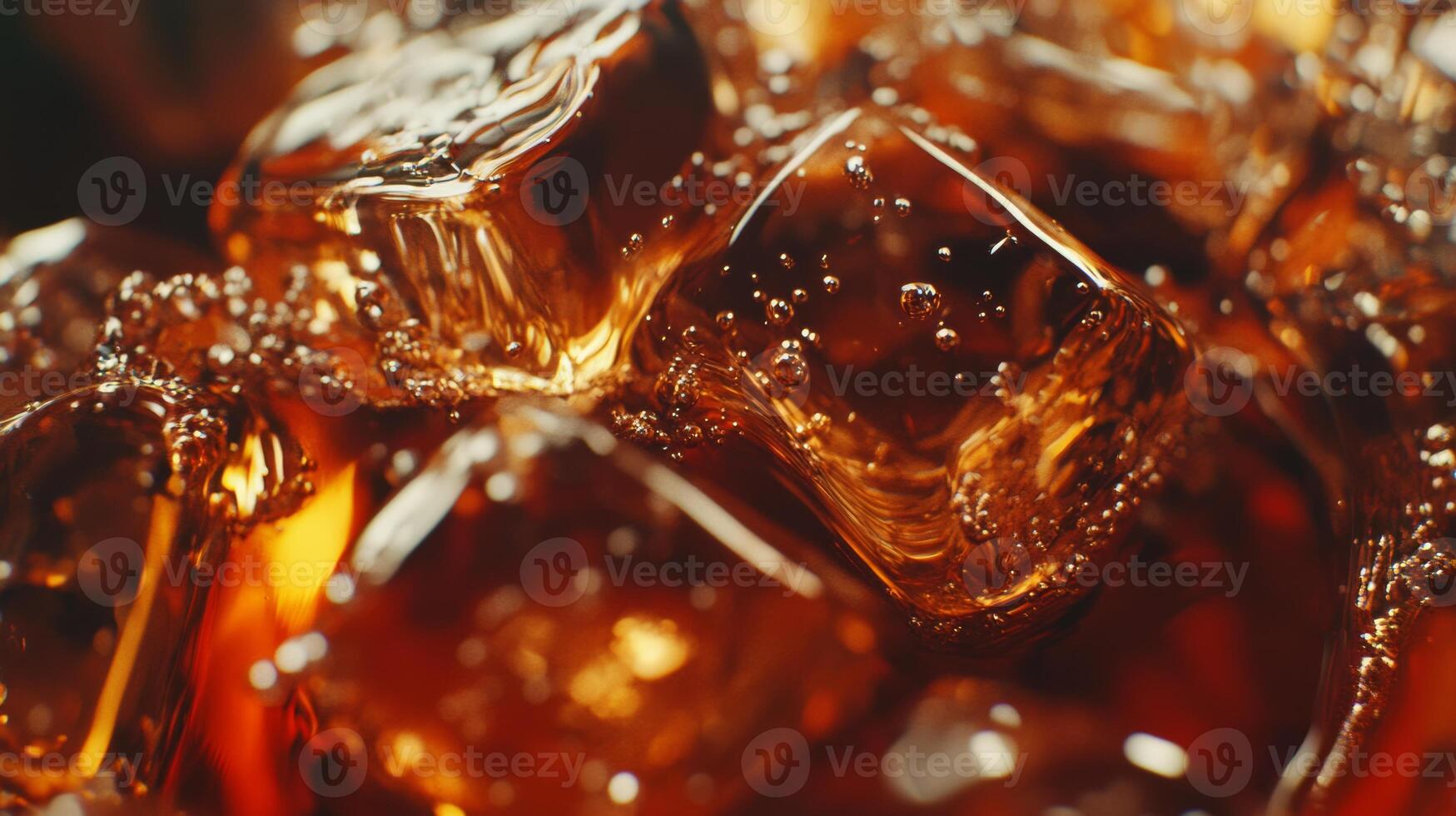 Close-up view of ice cubes resting in fizzy cola, showcasing bubbles and textures of a refreshing cold drink photo