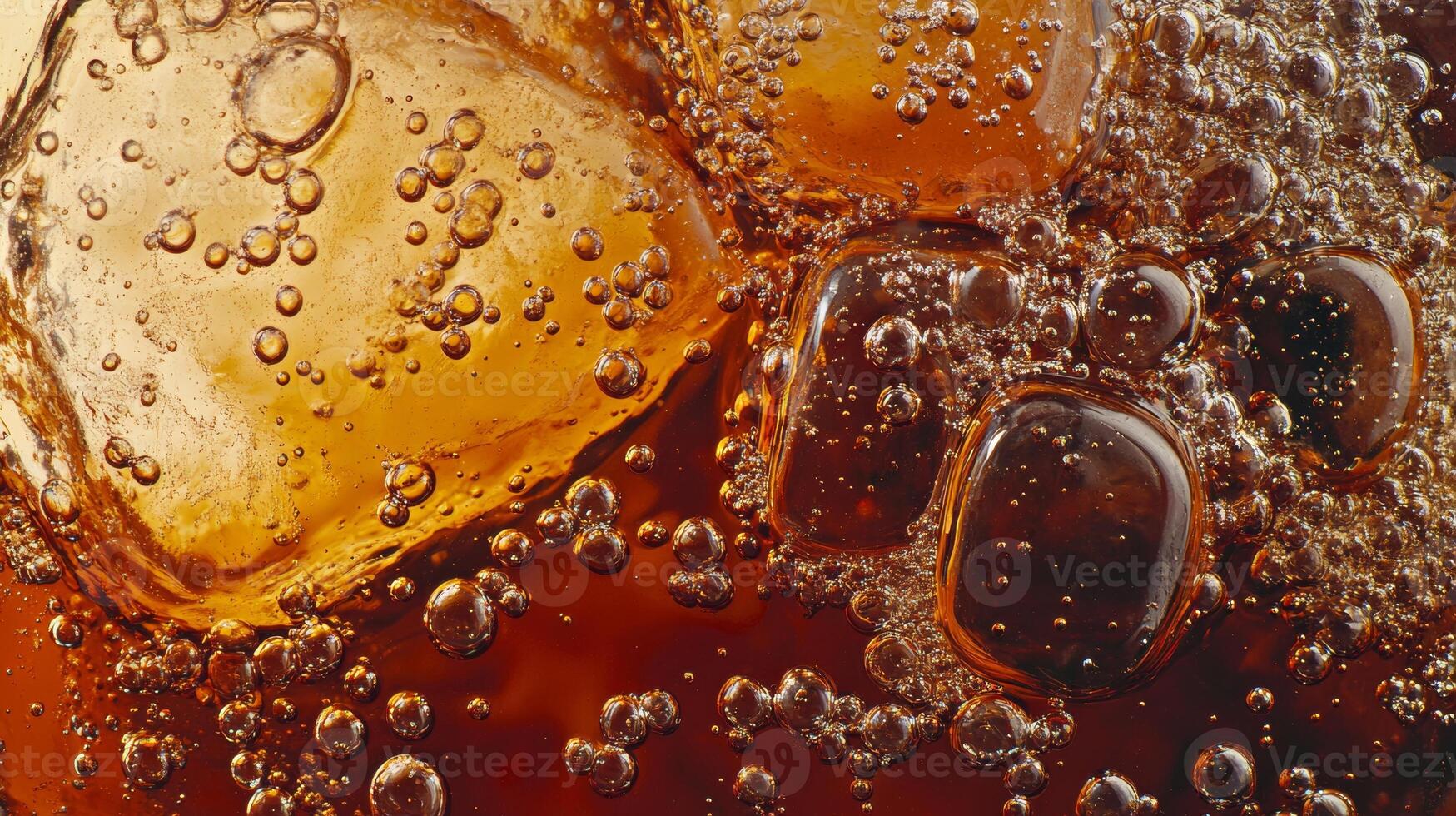 Close-up of ice cubes floating in refreshing cola with bubbles, highlighting a fizzy drink texture on a hot day photo