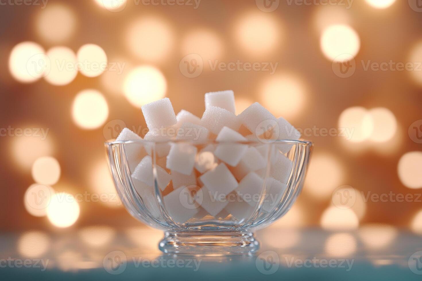 Elegant glass bowl filled with sugar cubes, softly illuminated by blurred lights for a refined atmosphere photo