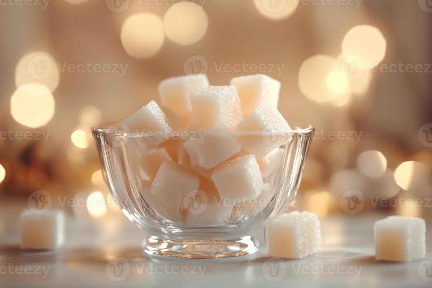 Elegant glass bowl filled with sugar cubes surrounded by warm, blurred lights creating a cozy atmosphere photo