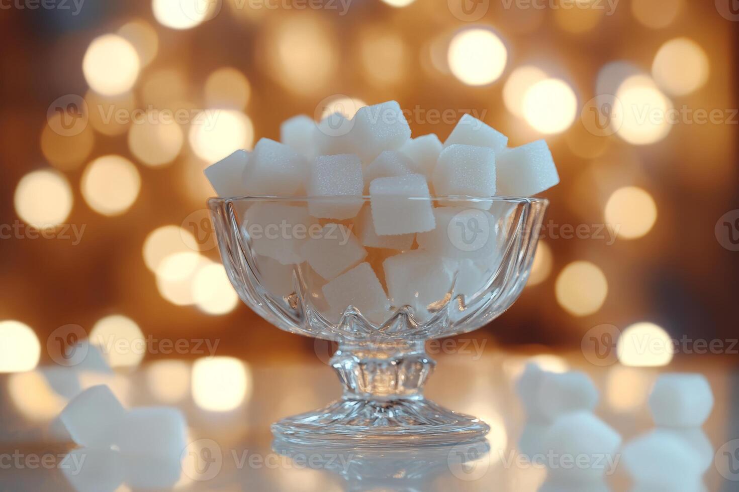 Elegant glass bowl filled with sugar cubes adorned by blurred festive lights in a cozy setting photo