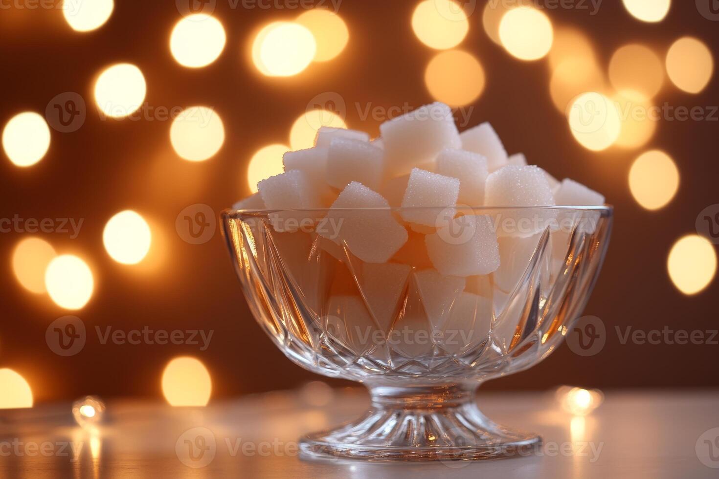 Elegant glass bowl filled with sugar cubes set against a backdrop of softly blurred lights for a charming, festive atmosphere photo