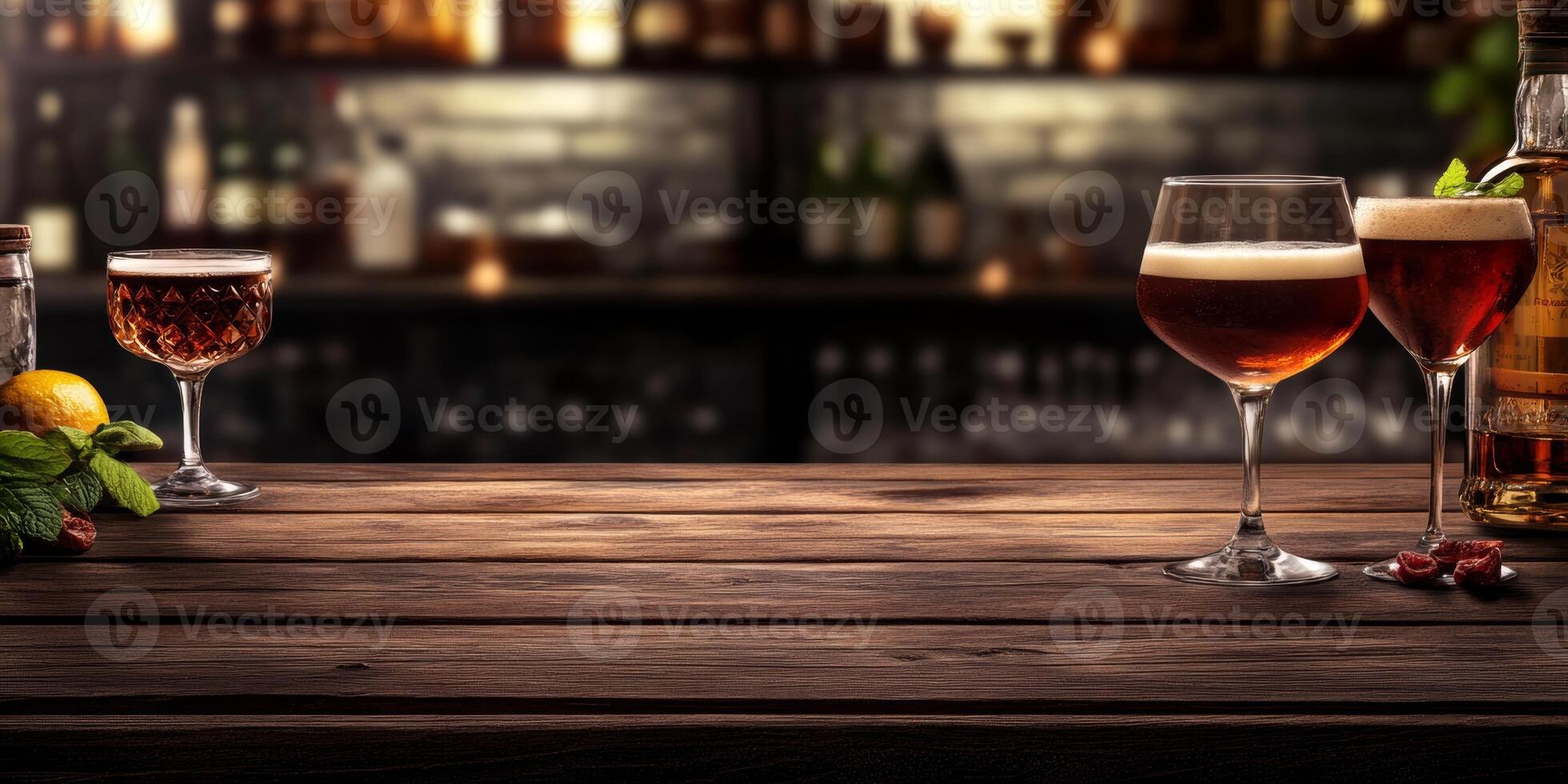 A selection of diverse alcoholic beverages elegantly displayed on a wooden bar table with ample space for personal design or text photo