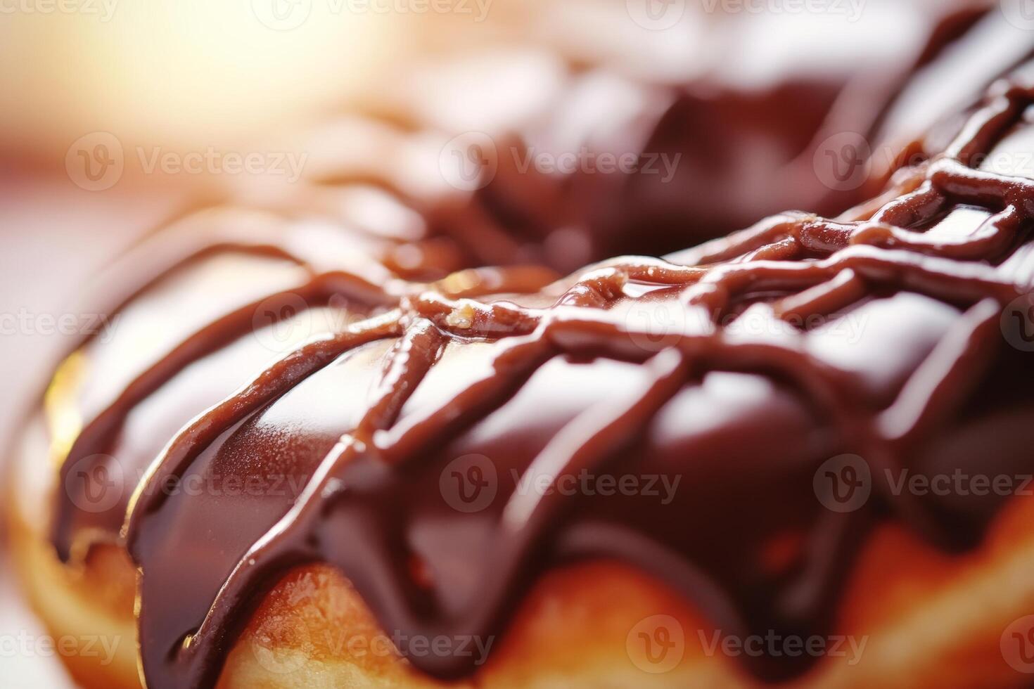 A close-up view of a delicious chocolate cronut dessert, showcasing its unique texture and flavor under warm lighting photo