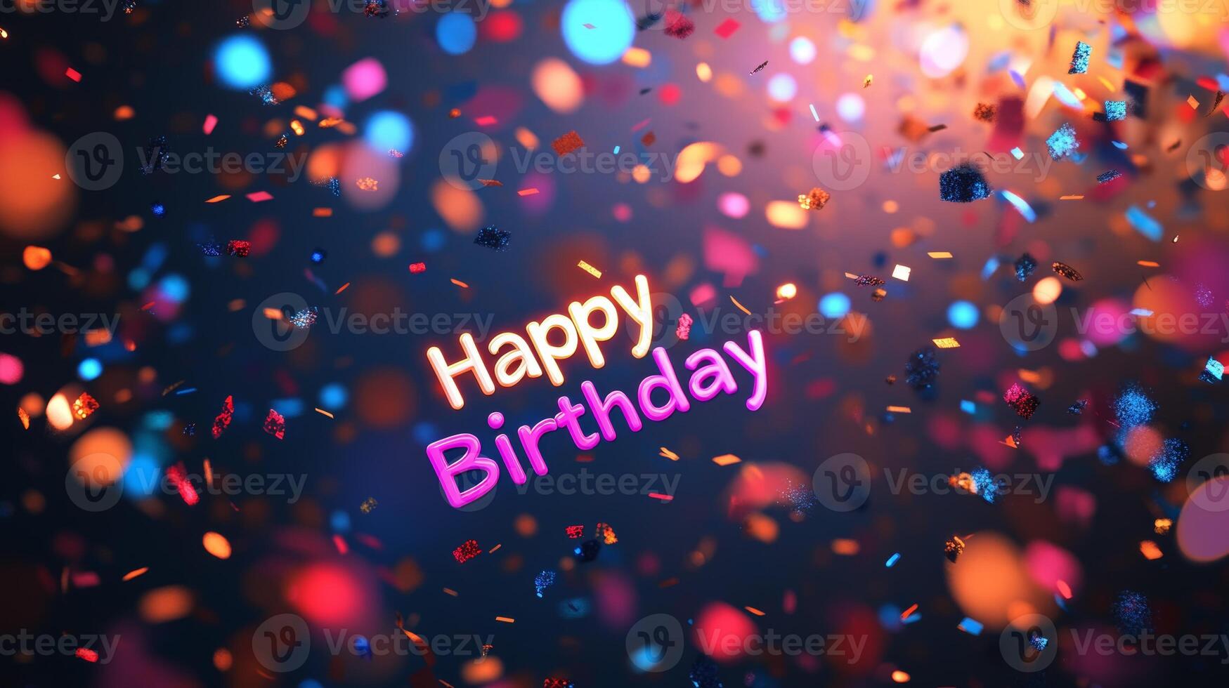 Colorful celebration with confetti and happy birthday message illuminated in vibrant lights photo