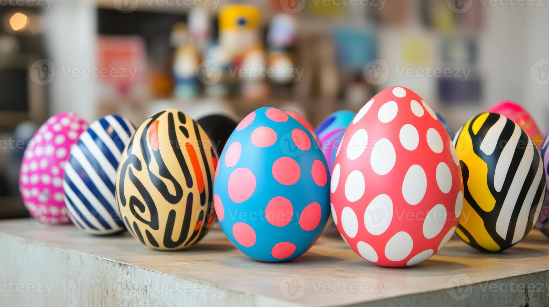 Colorful decorated eggs displayed on a table during a festive spring celebration photo