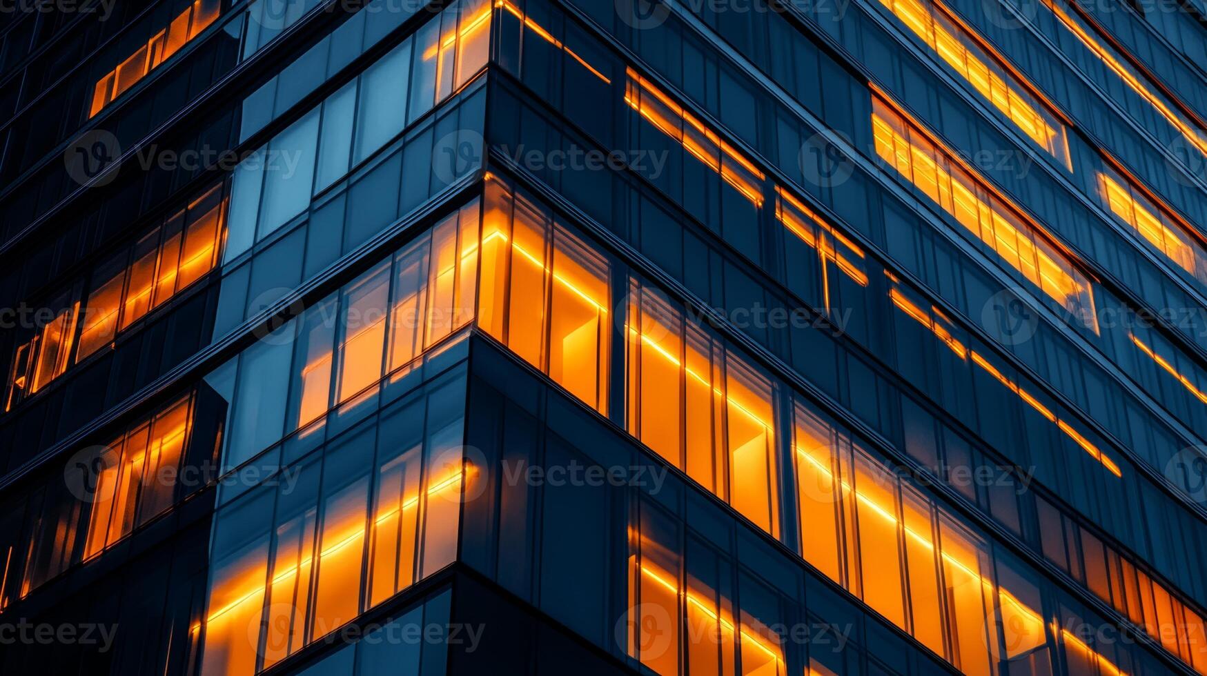 Urban sunset reflects on modern glass building with illuminated windows providing a warm glow at dusk photo