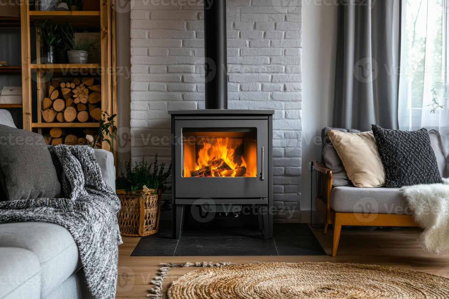 Cozy living room with a wood stove, comfortable seating, and warm ambiance during a winter afternoon photo