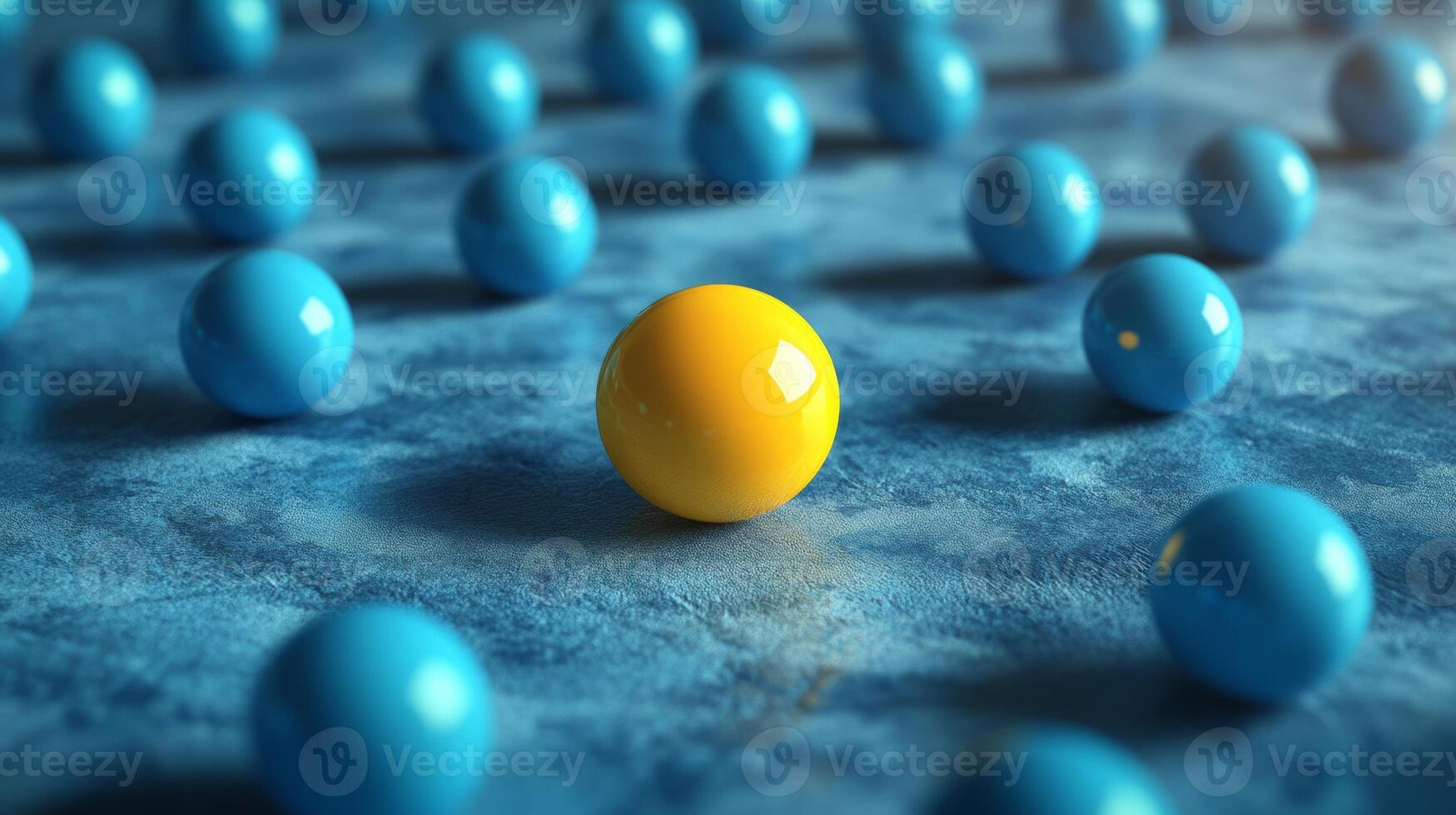 Bright yellow sphere stands out among scattered blue spheres on a textured surface in an artistic arrangement photo