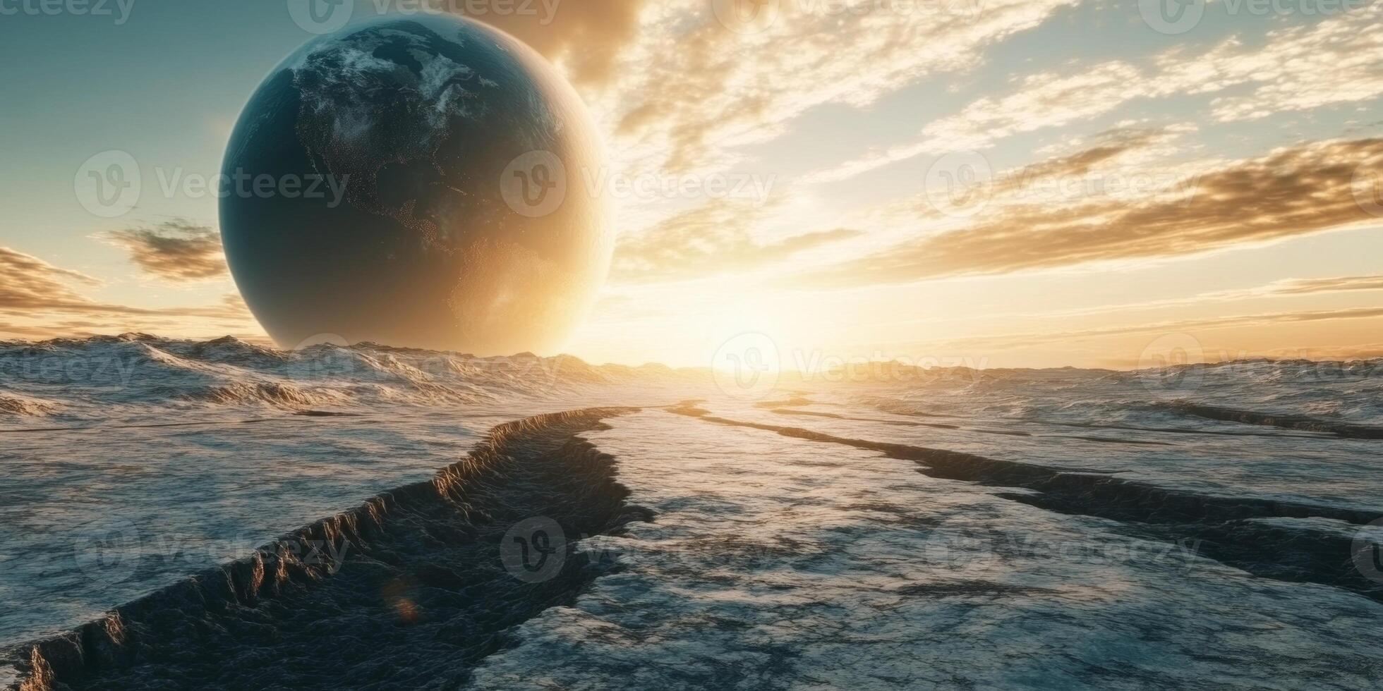 Vast alien landscape with a giant planet looming over a rugged terrain at sunset photo
