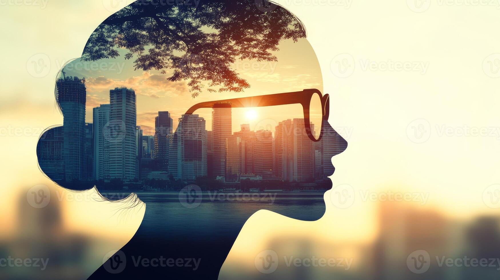 Silhouette of a woman with cityscape reflections at sunset creating a striking visual contrast photo