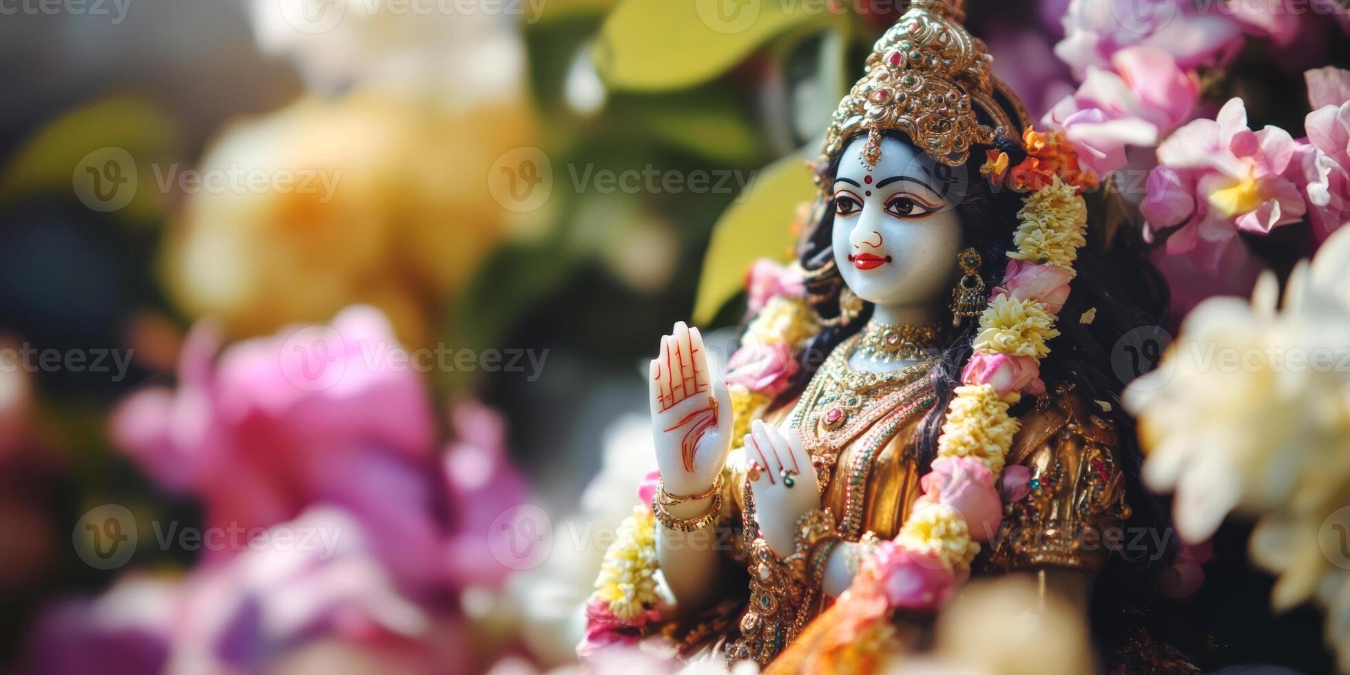 Beautiful idol of goddess surrounded by vibrant flowers in a serene setting during a festival celebration photo