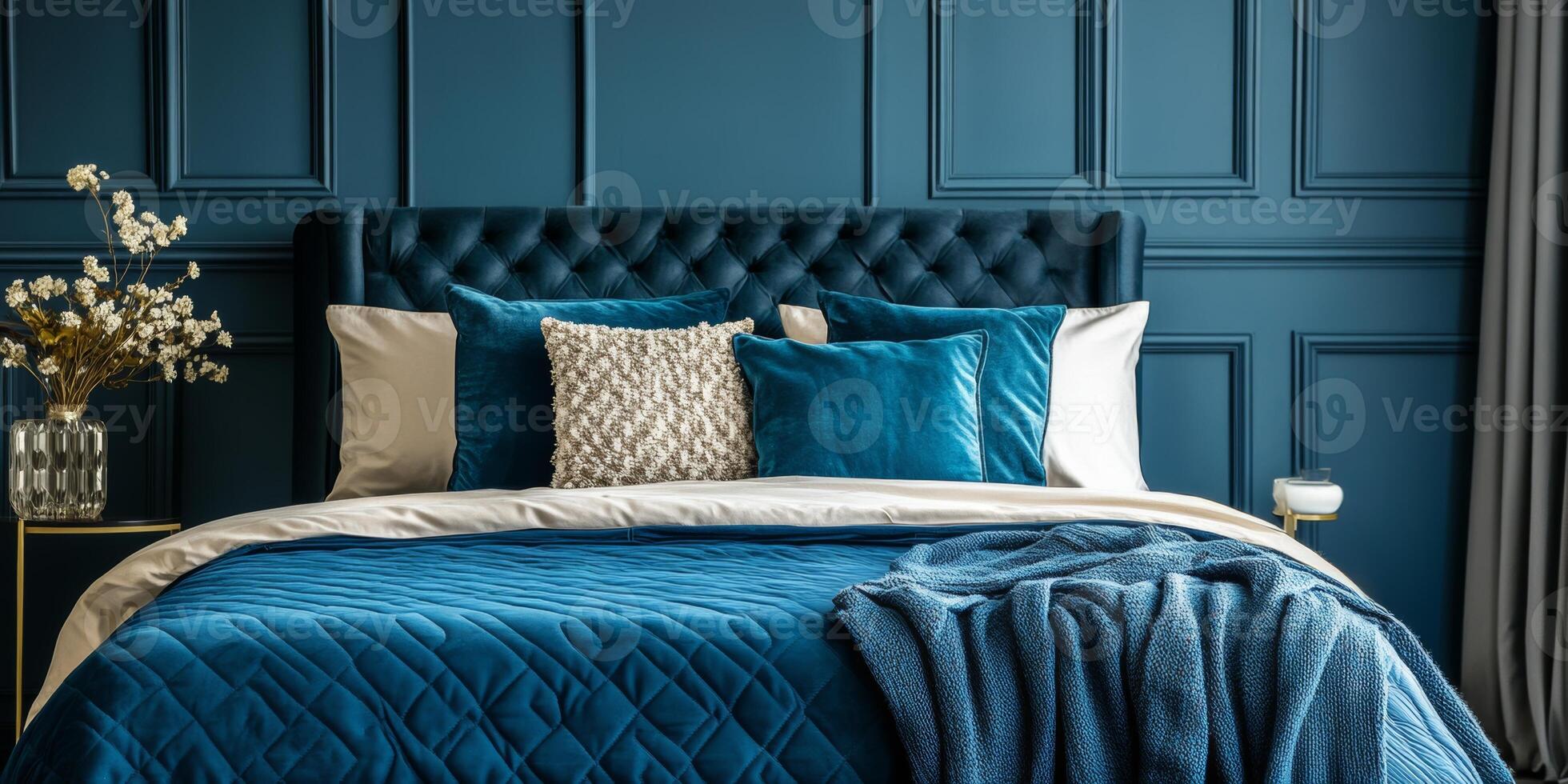 Modern bedroom design featuring blue accents and elegant textiles in a stylish interior space photo