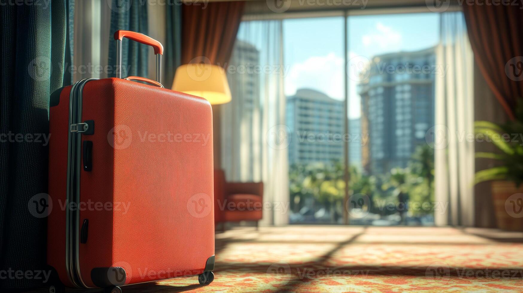 Red suitcase beside a window in a hotel room during daylight with a city view in the background photo