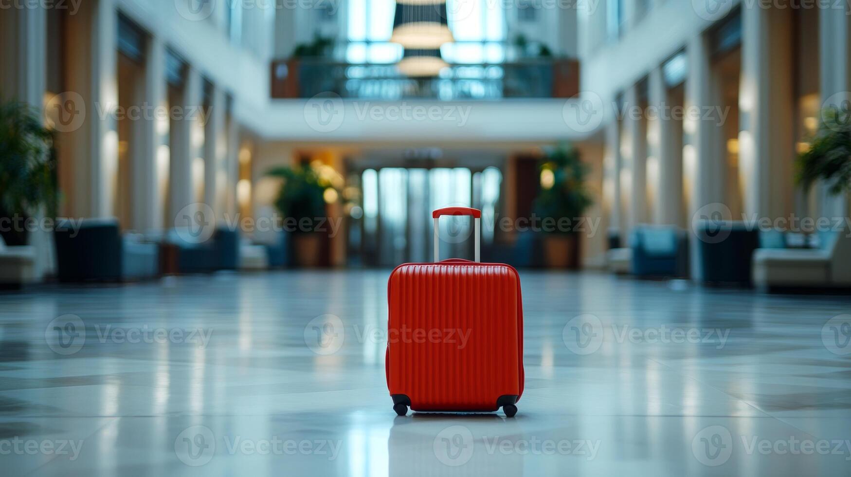 Red suitcase waiting alone in a modern hotel lobby during daylight photo