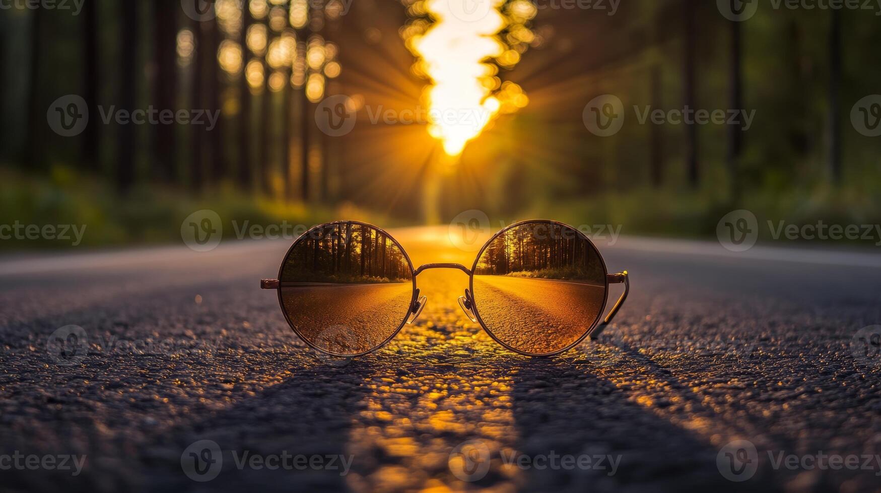 Reflections of a sunset captured in sunglasses on a quiet road surrounded by trees photo