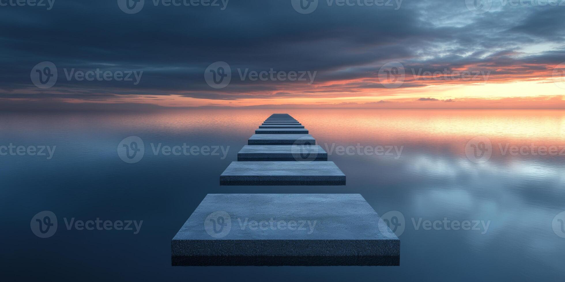 Pathway leads across tranquil water towards a stunning sunset horizon with dramatic clouds photo
