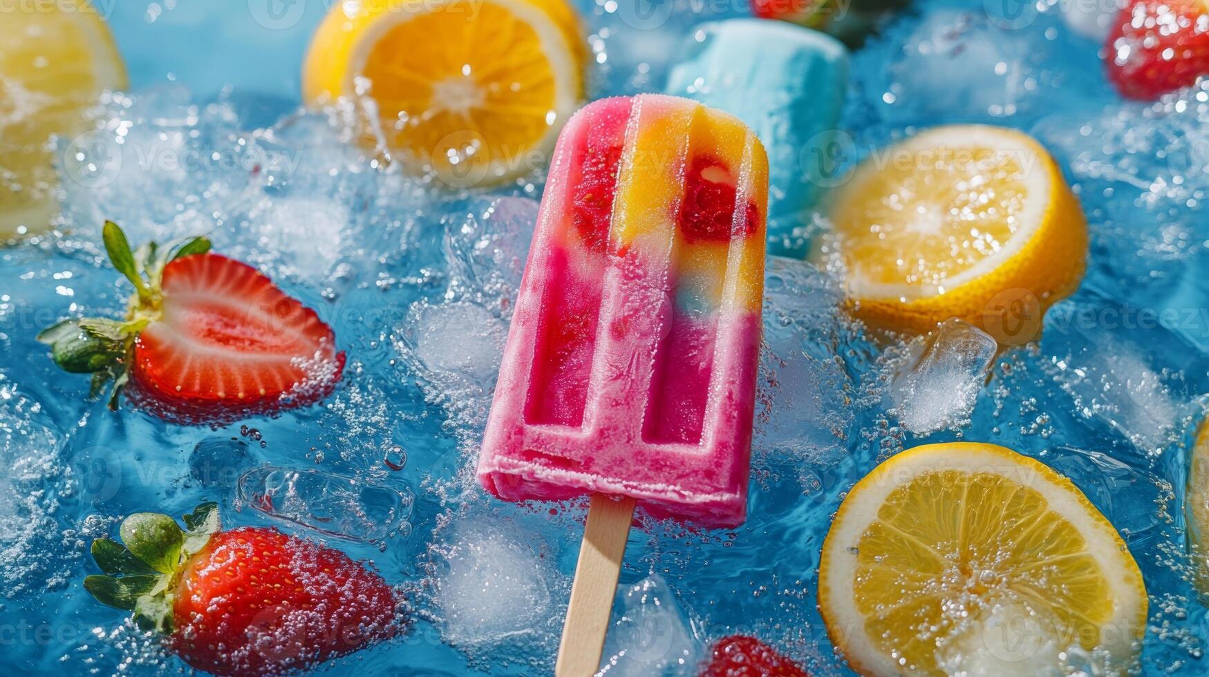 Brightly colored popsicle surrounded by ice, strawberries, and lemon in a refreshing summer setting photo