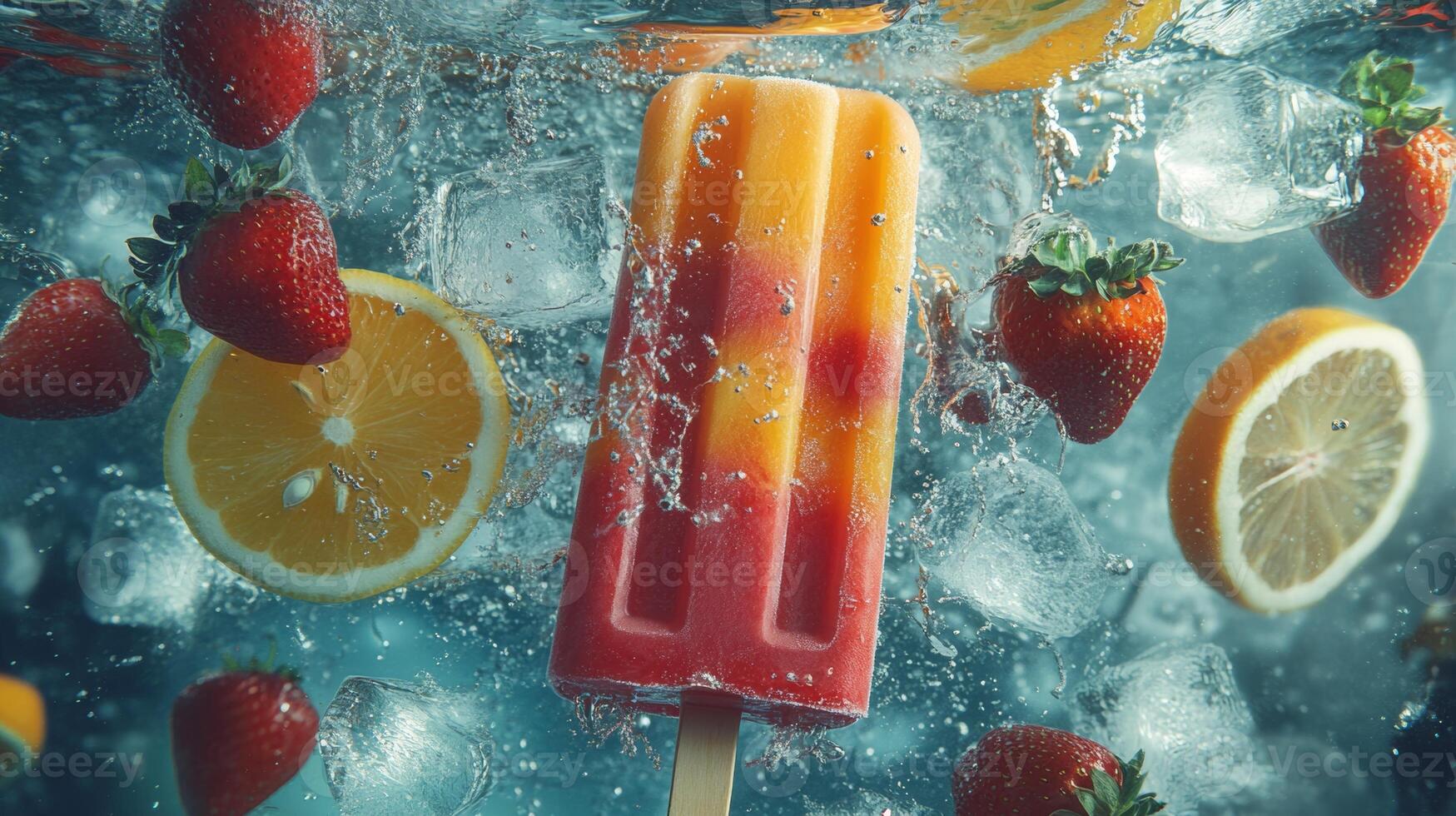 Refreshing popsicle surrounded by vibrant fruits and ice in a cool water splash photo