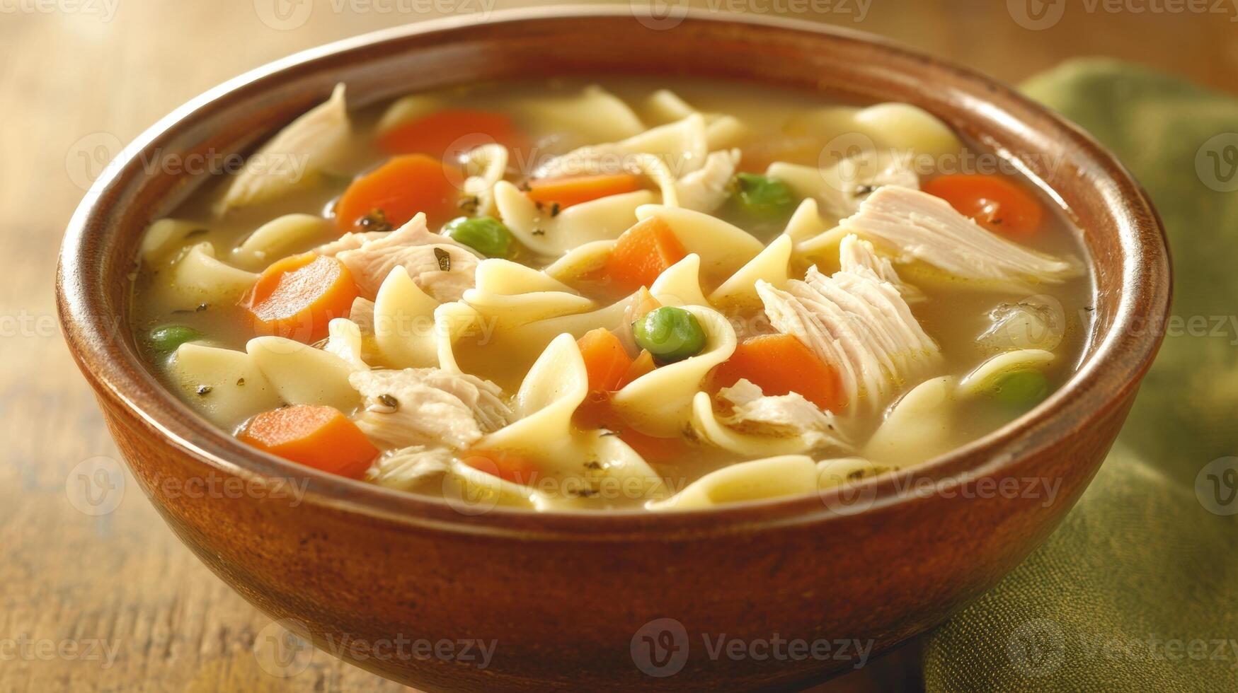 Warm chicken noodle soup with vegetables served in a rustic bowl on a wooden table photo