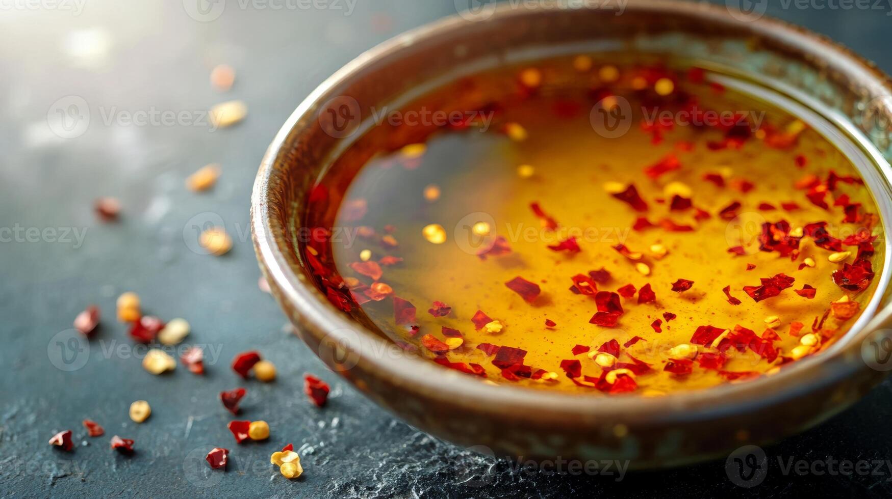 Spicy chili oil in a bowl with red pepper flakes on a dark surface photo