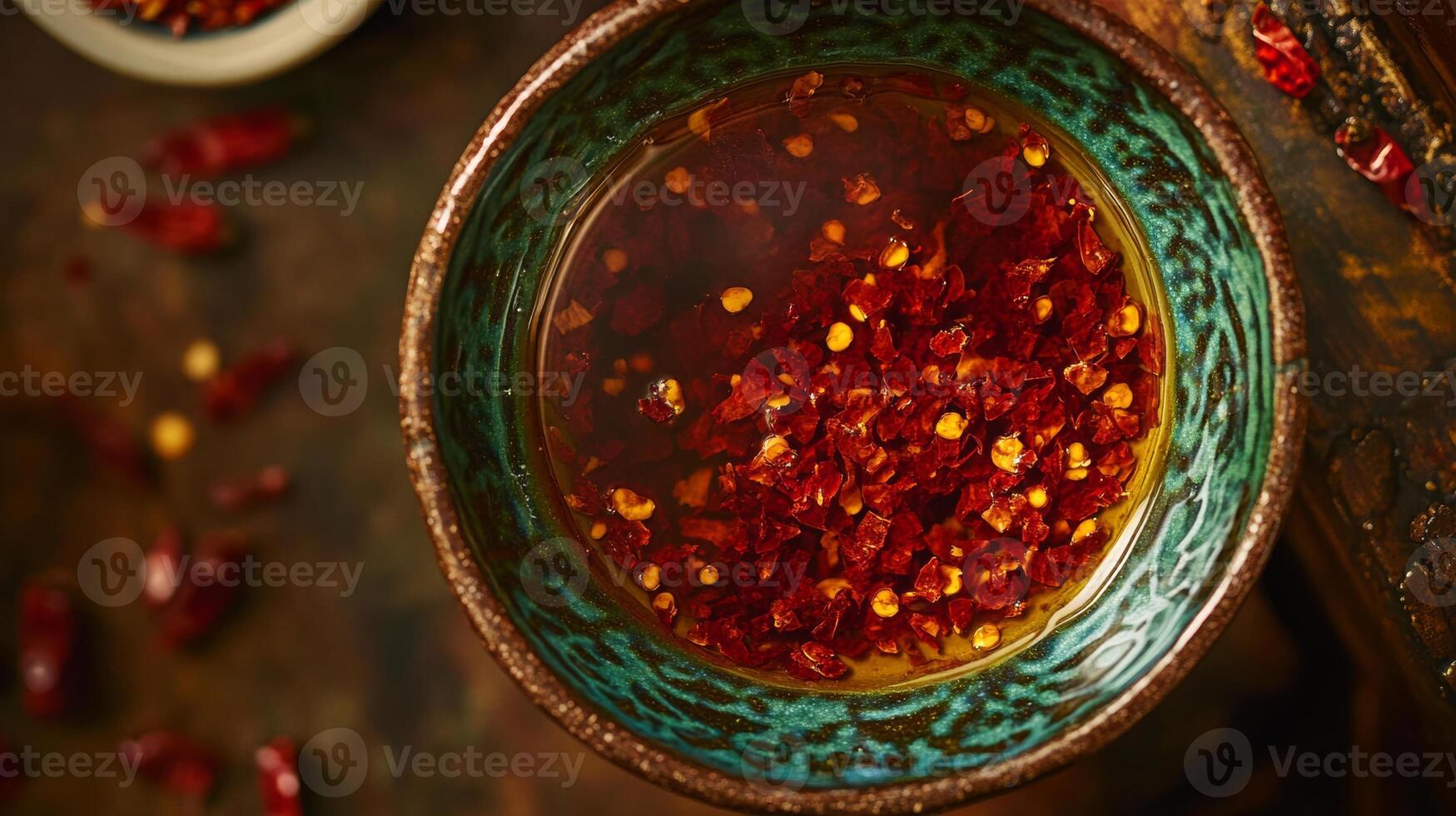 Chili oil with red pepper flakes in a rustic bowl on a wooden surface surrounded by scattered ingredients photo