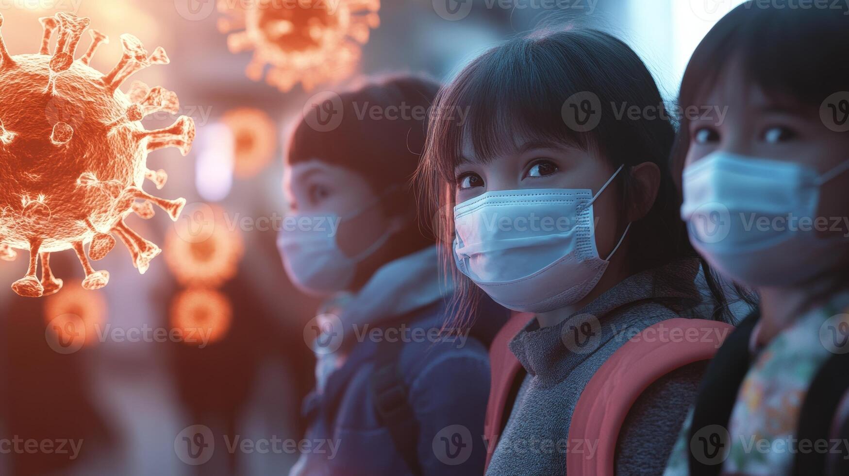 Children wearing masks in a crowded location during a pandemic while virus particles are illustrated in the background photo