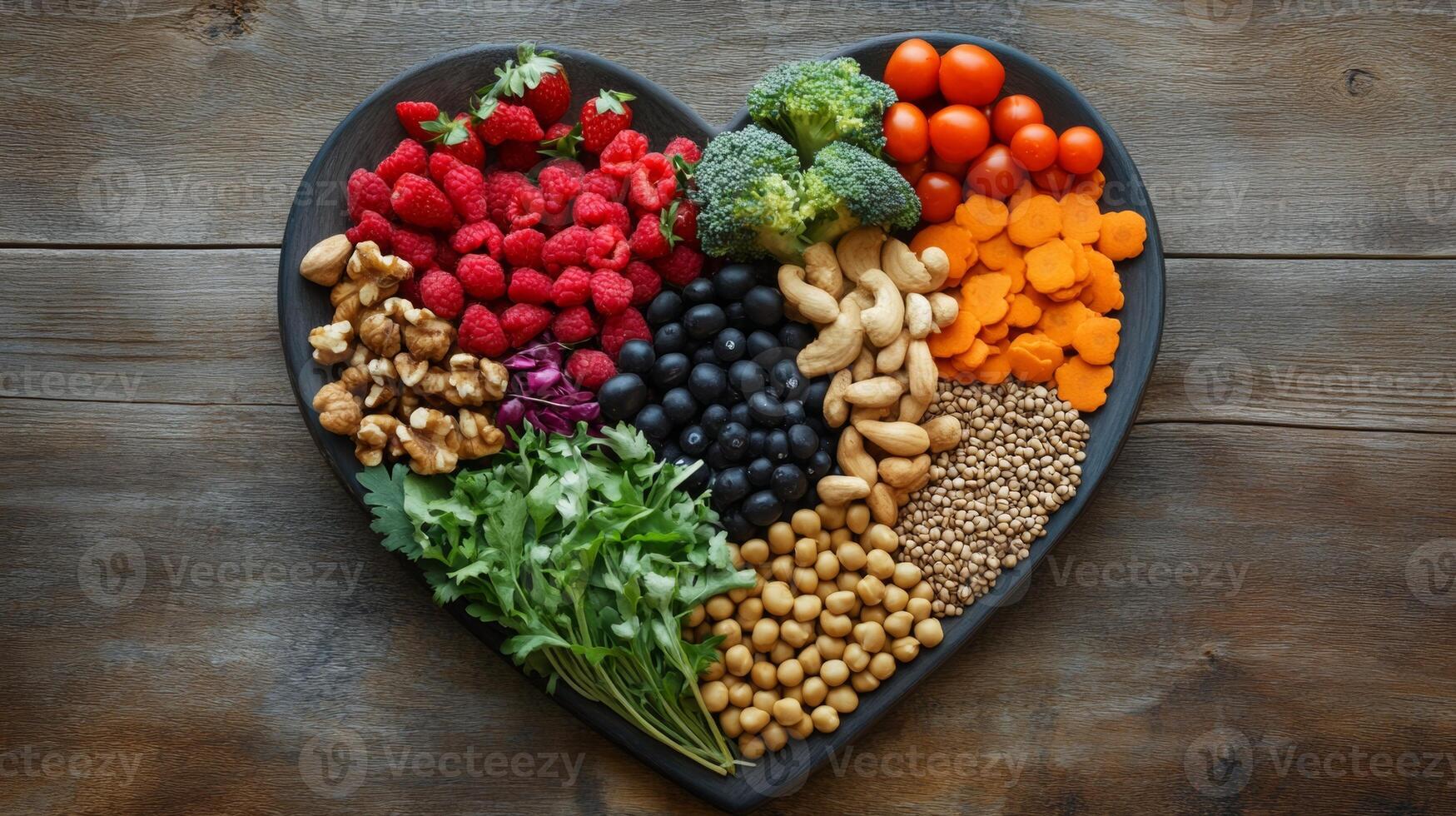 Colorful heart-shaped arrangement of fresh fruits and vegetables in a rustic setting celebrating healthy eating photo